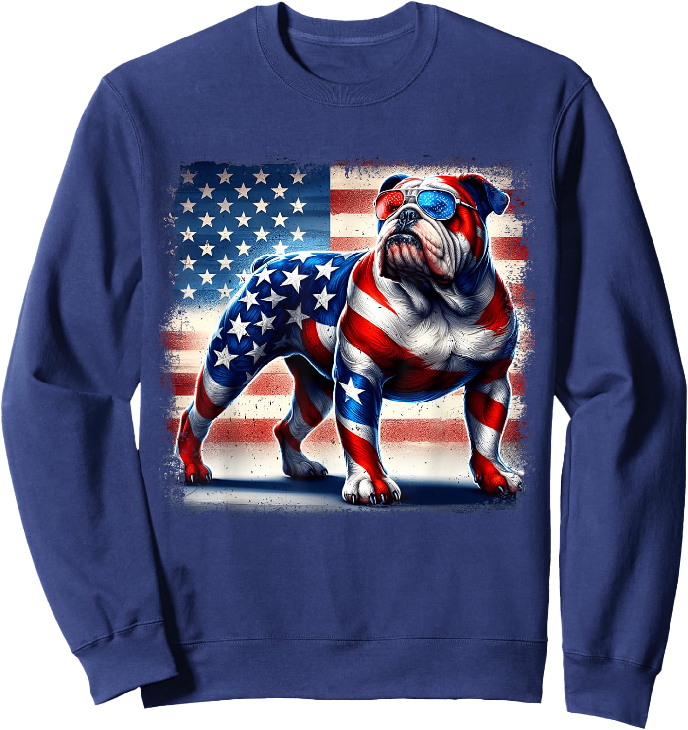 English Bulldog Dog 4th of July USA American Flag Patriotic Women Kids Sweatshirt - Sweatshirt | Navy