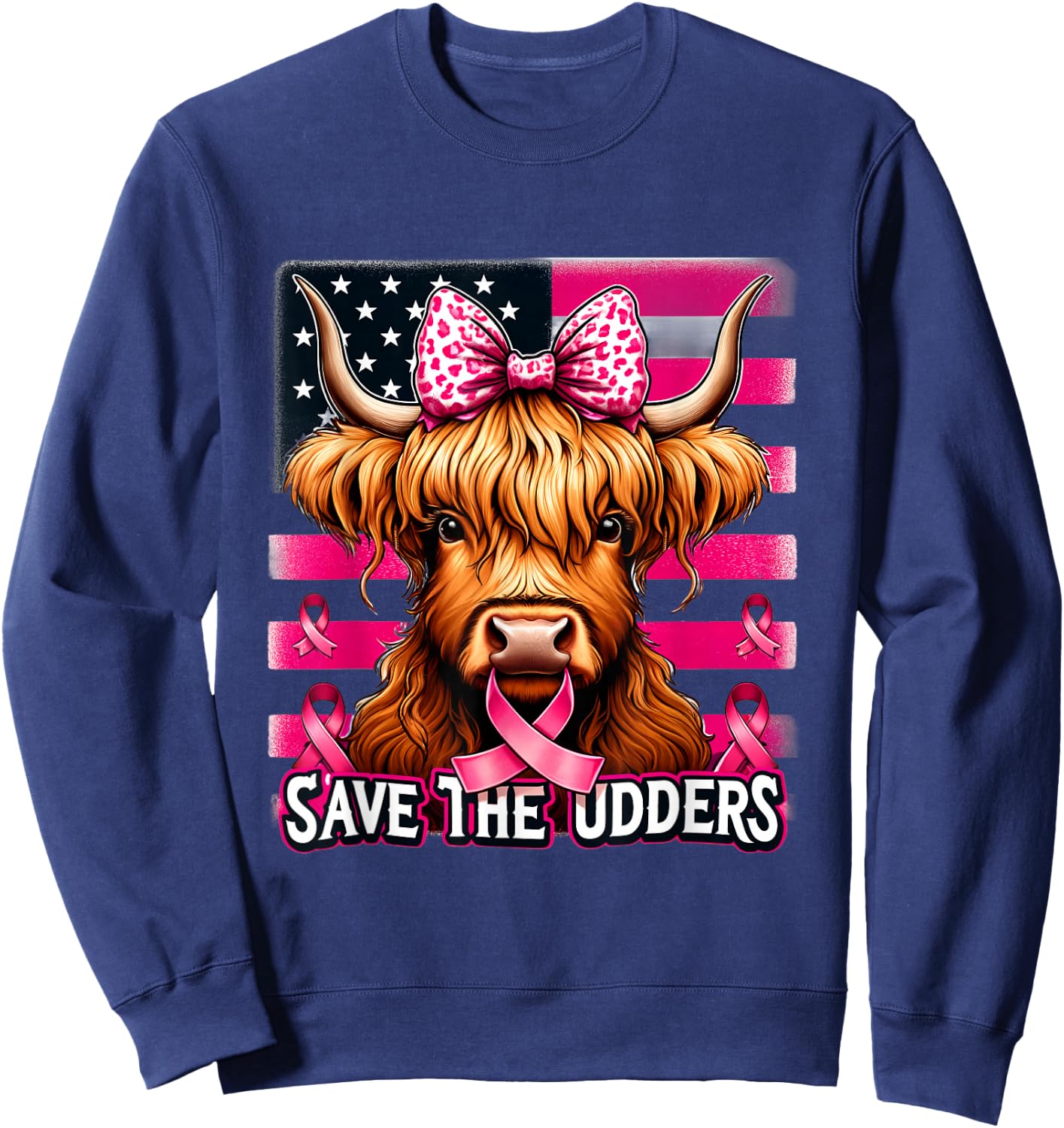 Retro Save The Udders Messy Hair Highland Cow Breast Cancer Sweatshirt - Sweatshirt | Navy