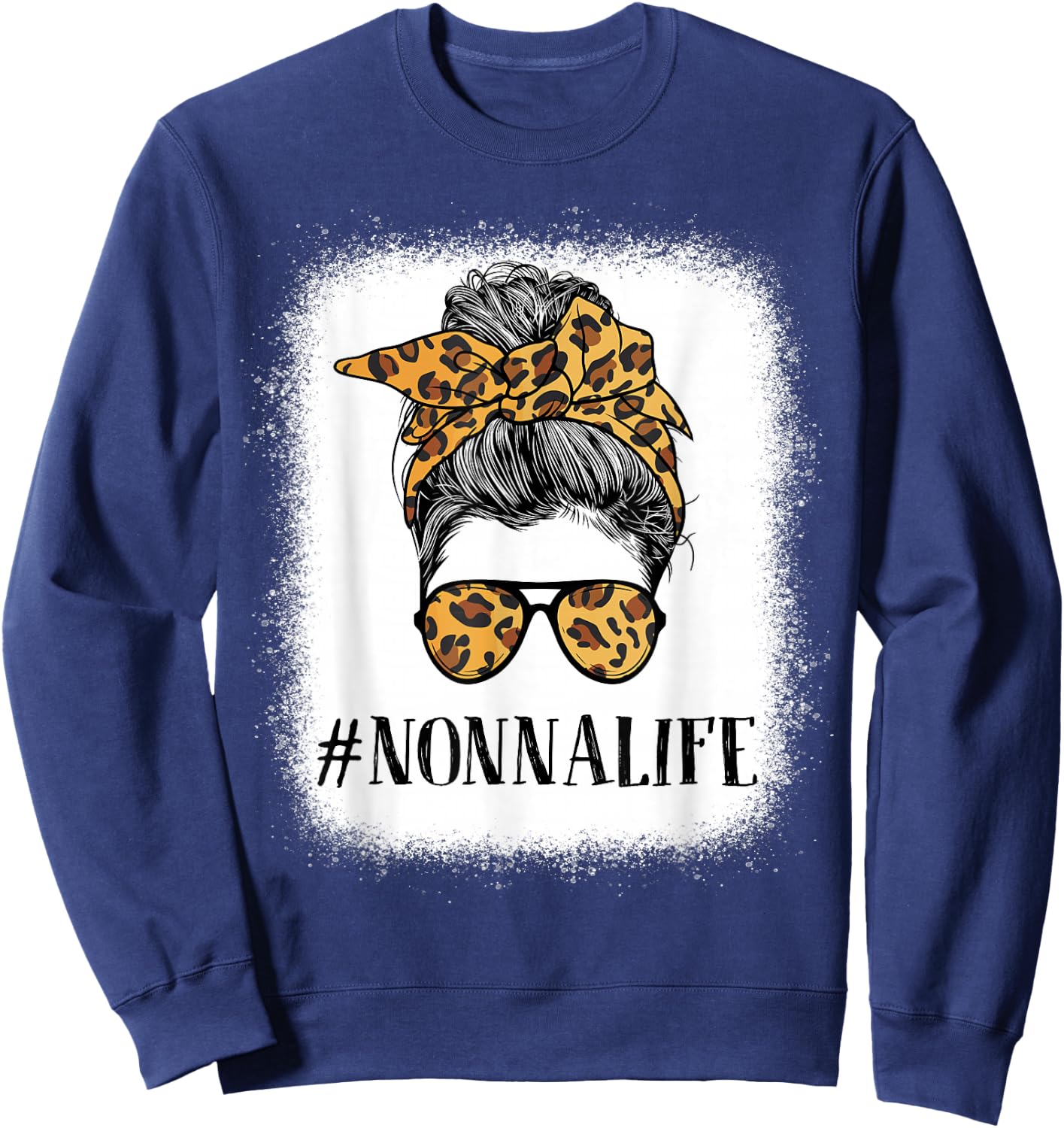 Women Bleached Nonna life Messy Bun Leopard Print Mother's Sweatshirt - Sweatshirt | Navy