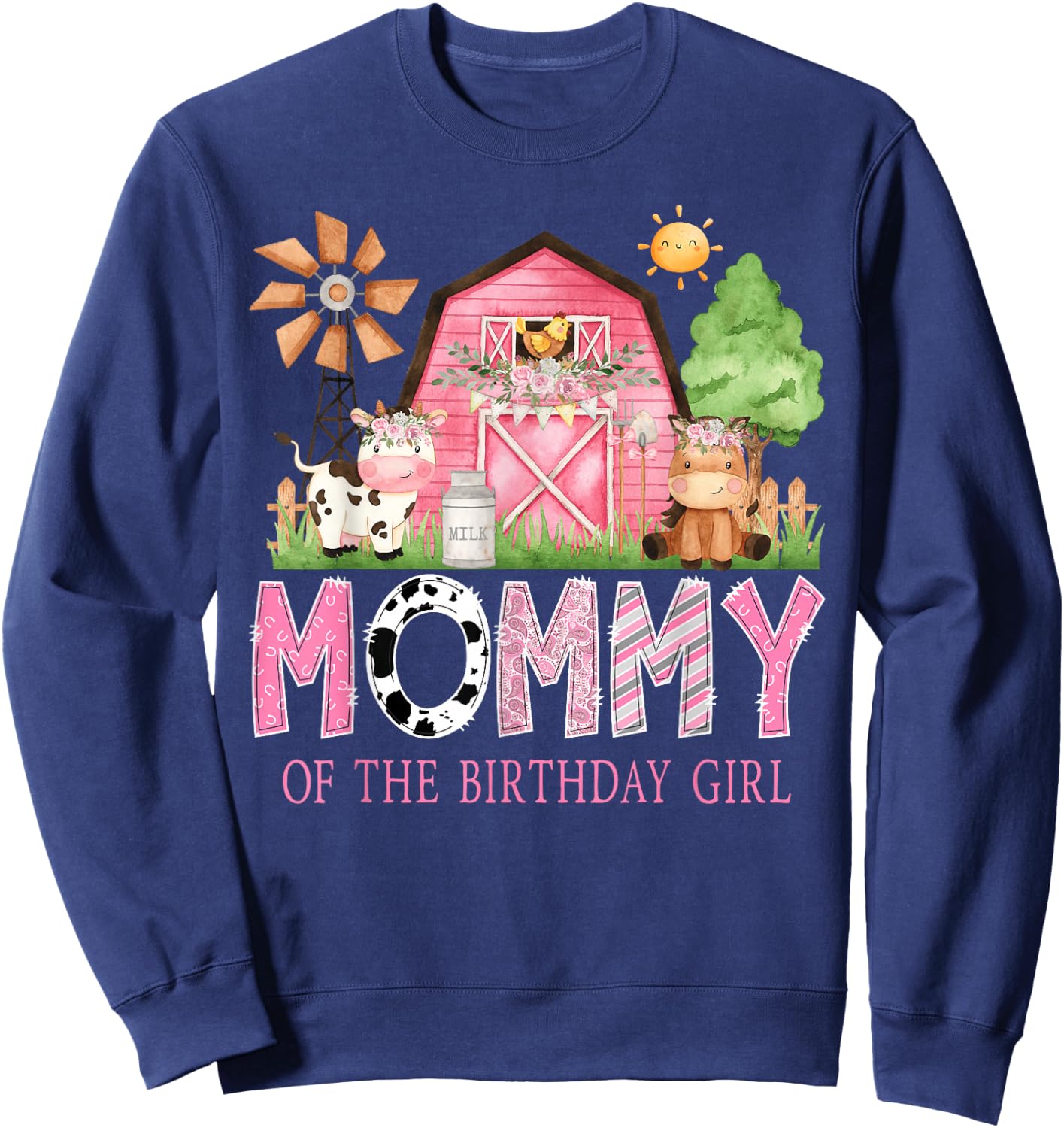 Mommy of The Birthday Girl 1St Birthday Pink Cow Farm Sweatshirt - Sweatshirt | Navy