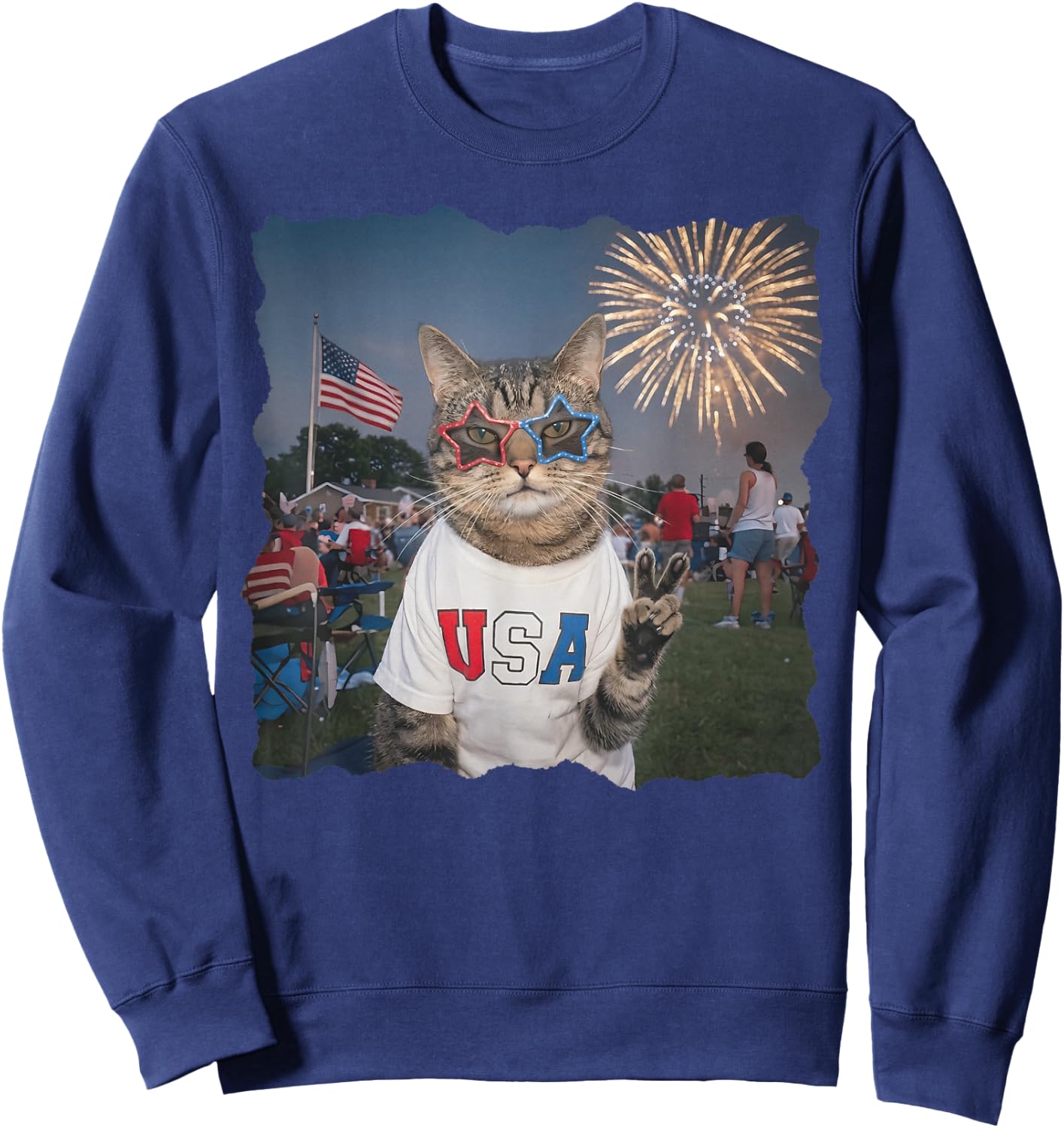 4th of July USA 250 Years Fireworks Funny Patriotic Cat Meme Sweatshirt - Sweatshirt | Navy