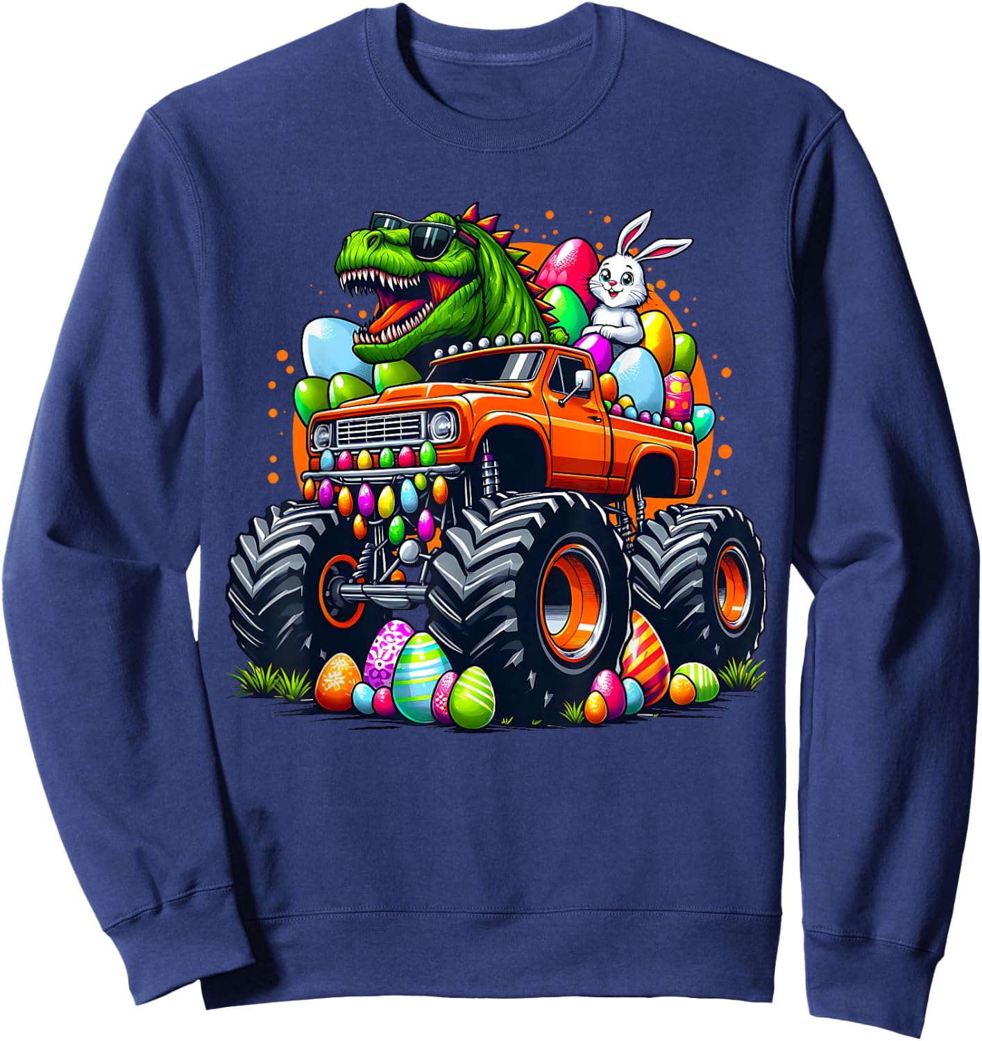 Funny Easter T-Rex Bunny Dinosaur Monster Truck Dino Easter Sweatshirt - Sweatshirt | Navy
