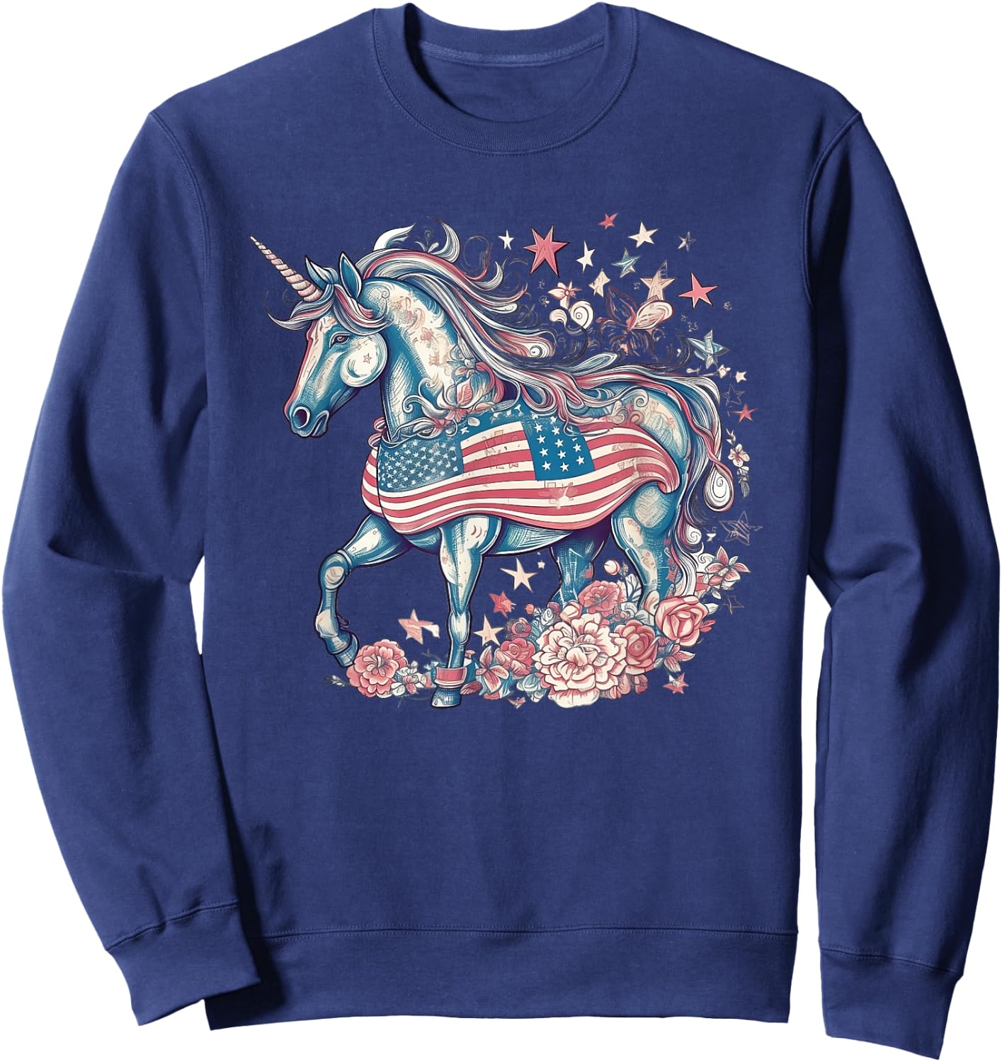 American Unicorn 4th Of July Patriotic USA Flag Girls Women Sweatshirt - Sweatshirt | Navy