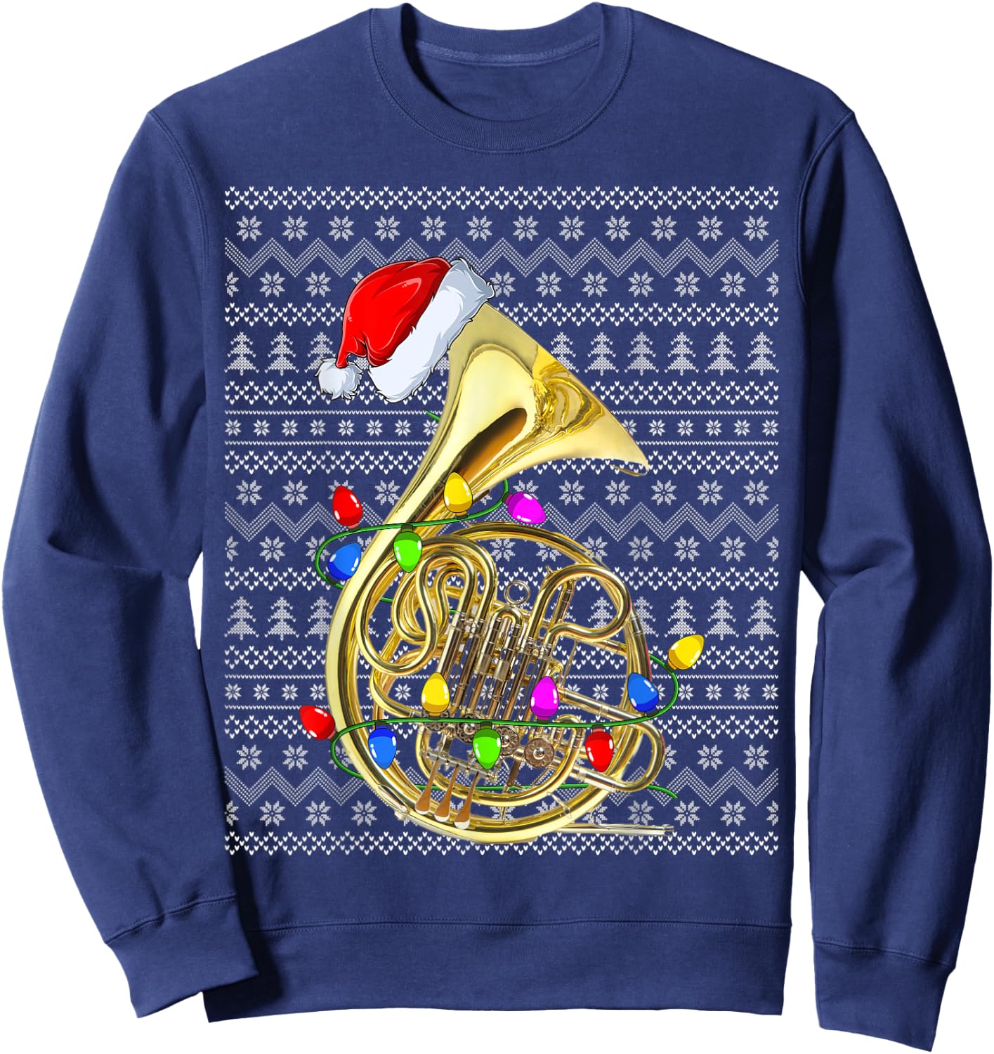 French Horn Lighting Xmas Sweater Ugly French Horn Christmas Sweatshirt - Sweatshirt | Navy