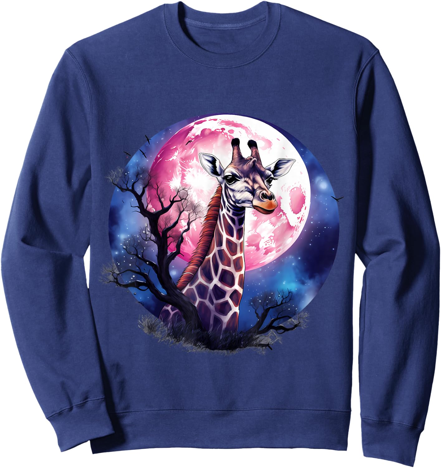 Giraffe Wildlife Safari Tree Moon Animal Art Nature Artwork Sweatshirt - Sweatshirt | Navy