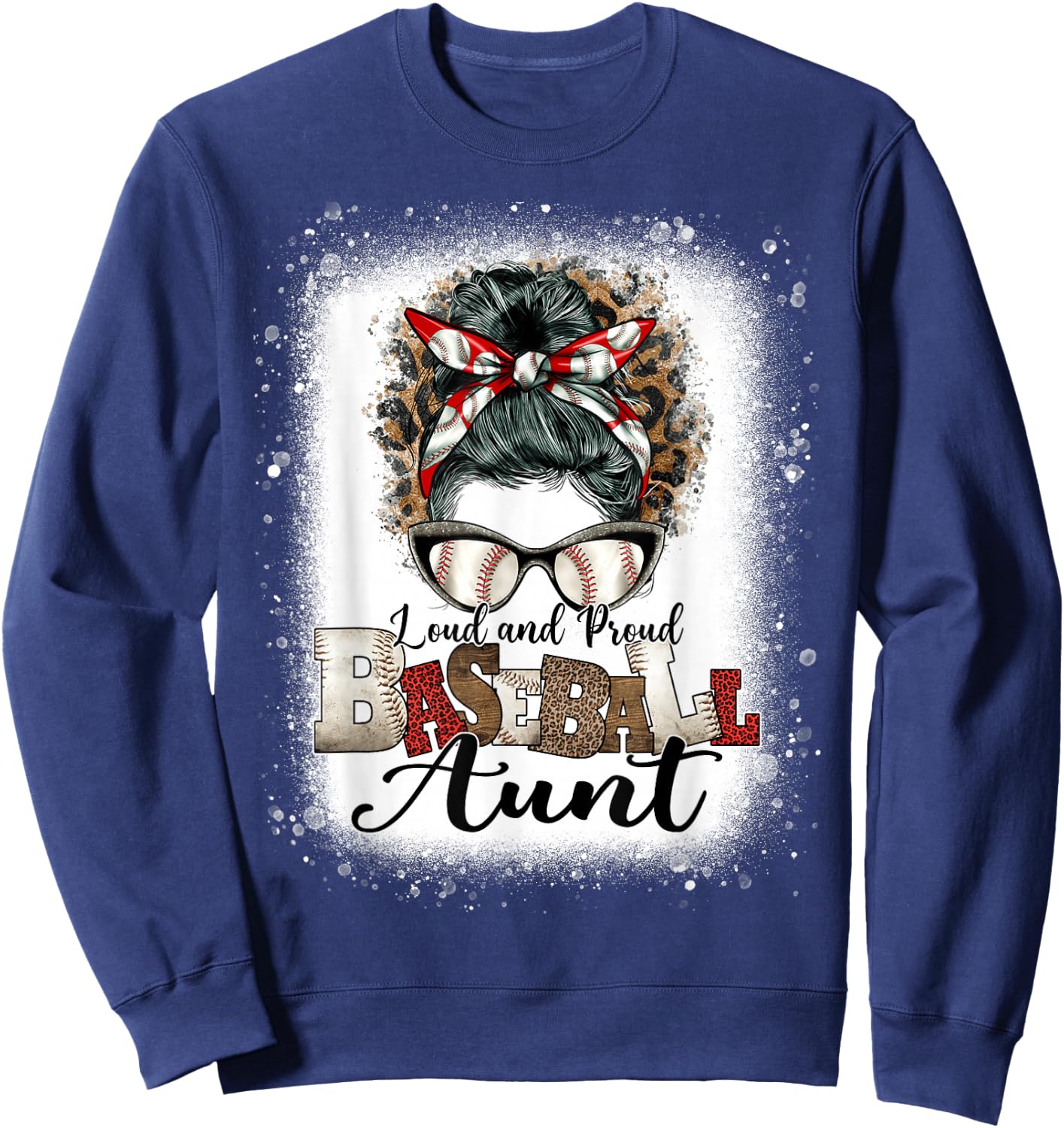 Loud Proud BaseBall Aunt Life Messy Bun Leopard Sweatshirt - Sweatshirt | Navy