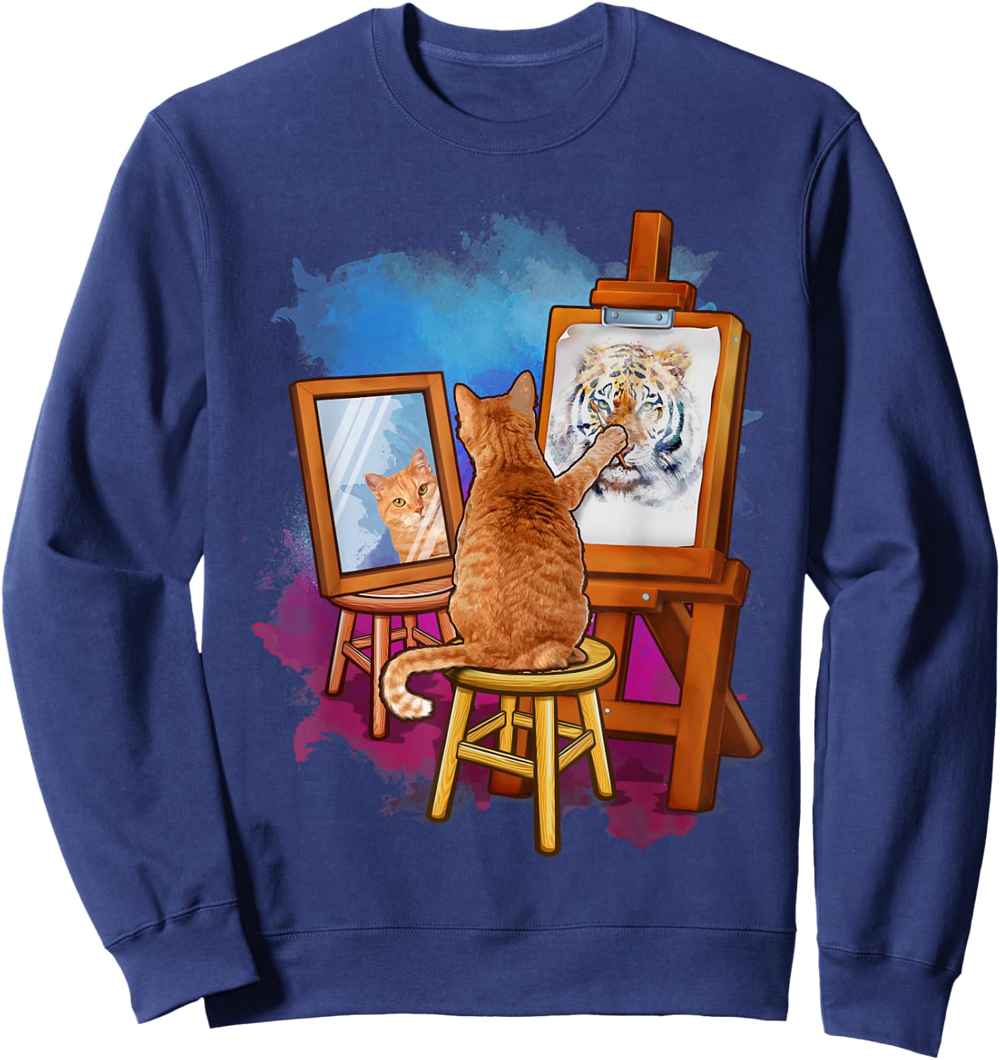 Cat Painting Lion Artistic Animals Lover Graphic Novelty Sweatshirt - Sweatshirt | Navy