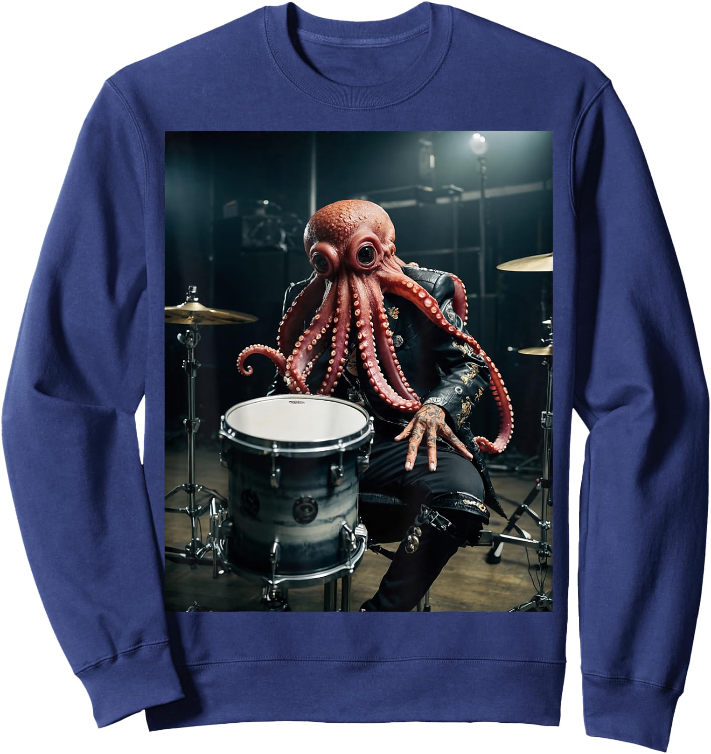 Punk Rock Octopus Head Heavy Metal Drums Leather Jacket Cool Sweatshirt - Sweatshirt | Navy
