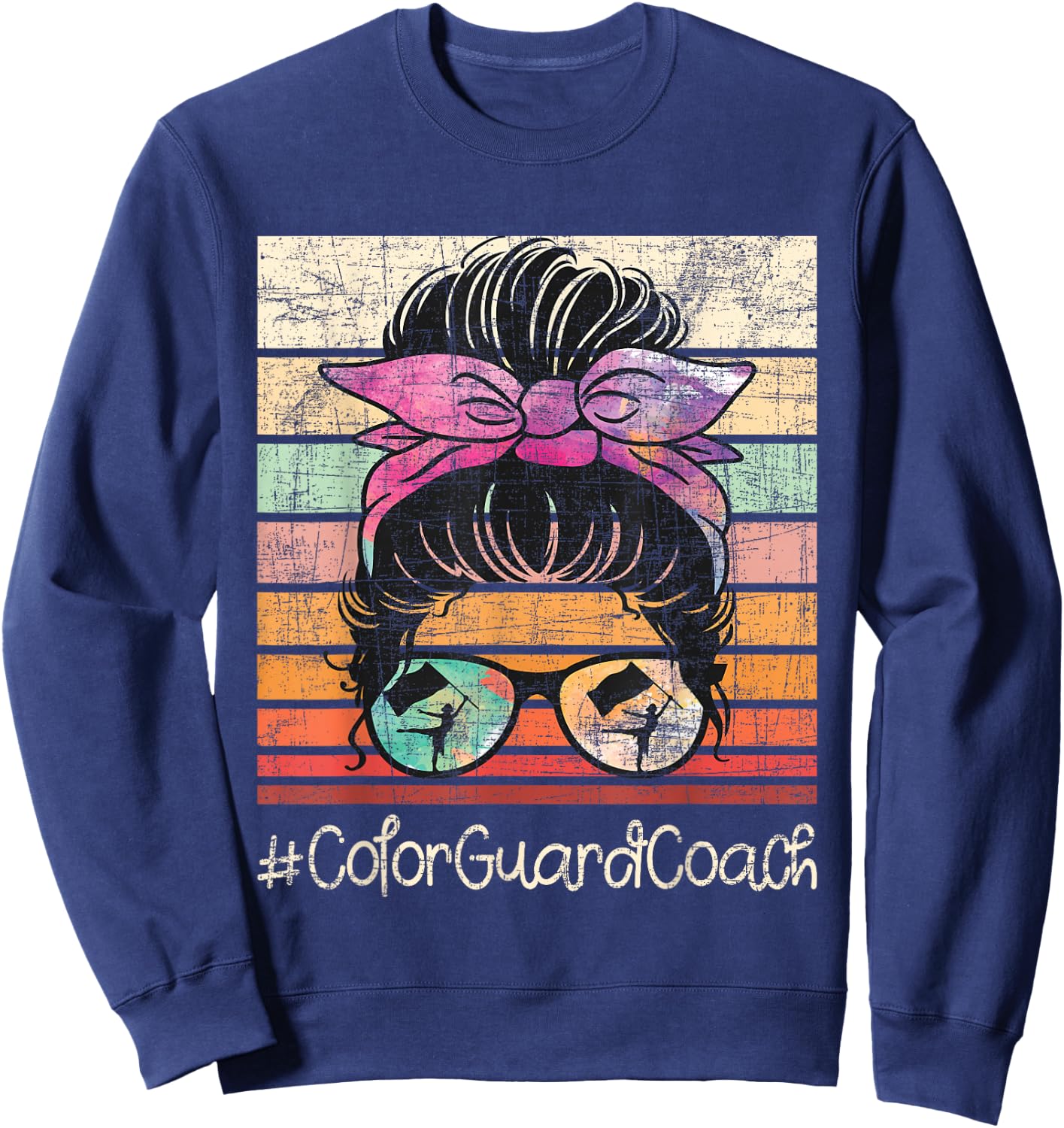 Colorguard Coach - Messy Bun Hair Marching Band Flag Tossing Sweatshirt - Sweatshirt | Navy