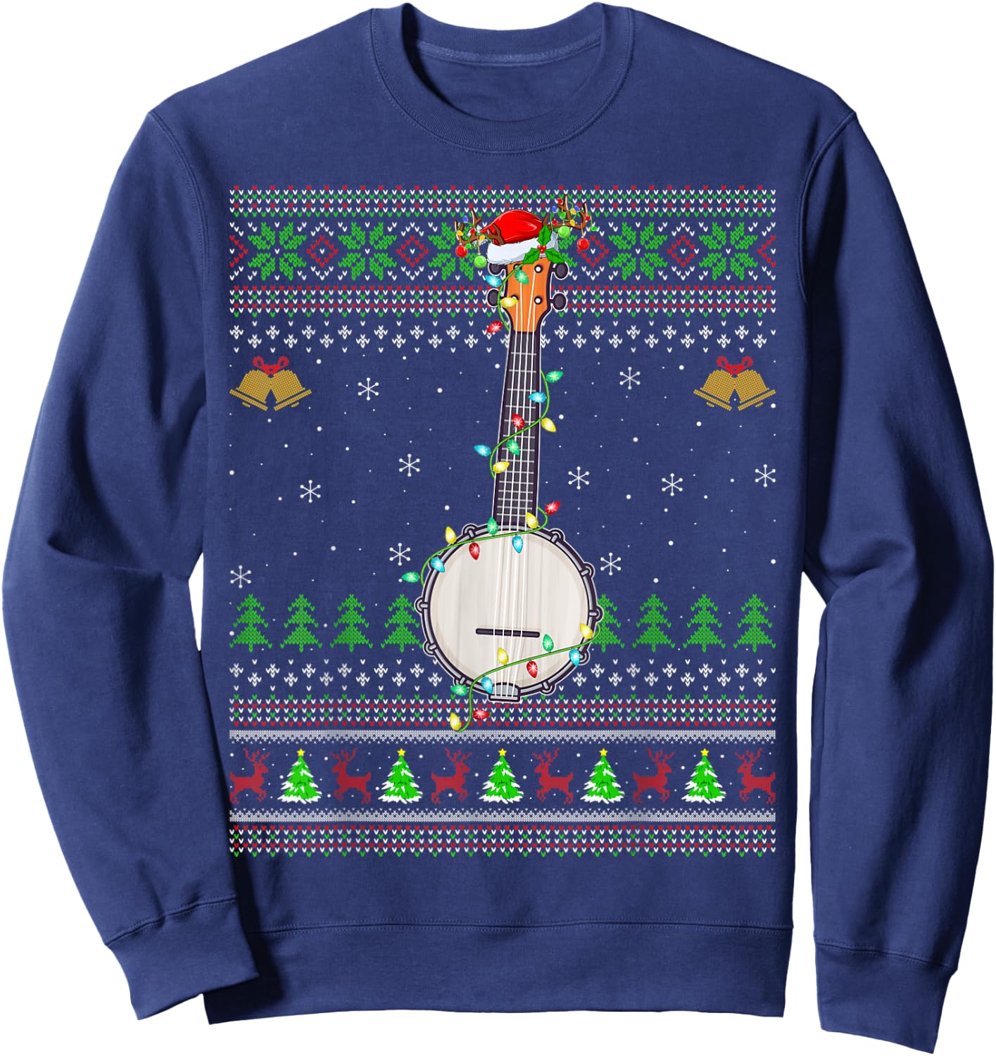 Ugly Banjo Xmas Lighting Santa Banjo Christmas Sweatshirt - Sweatshirt | Navy