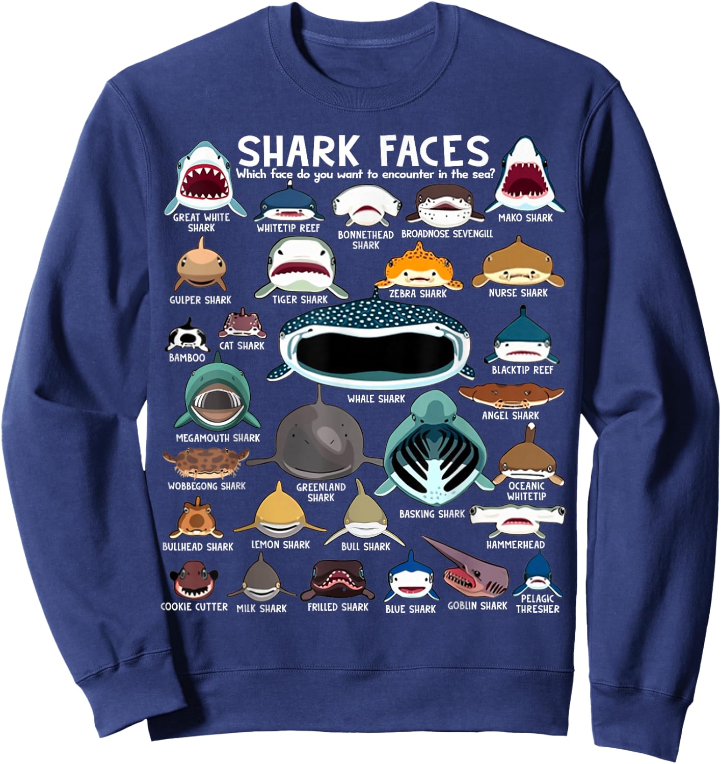 Shark Faces - Types of Shark - Marine Biology Ocean Lovers Sweatshirt - Sweatshirt | Navy