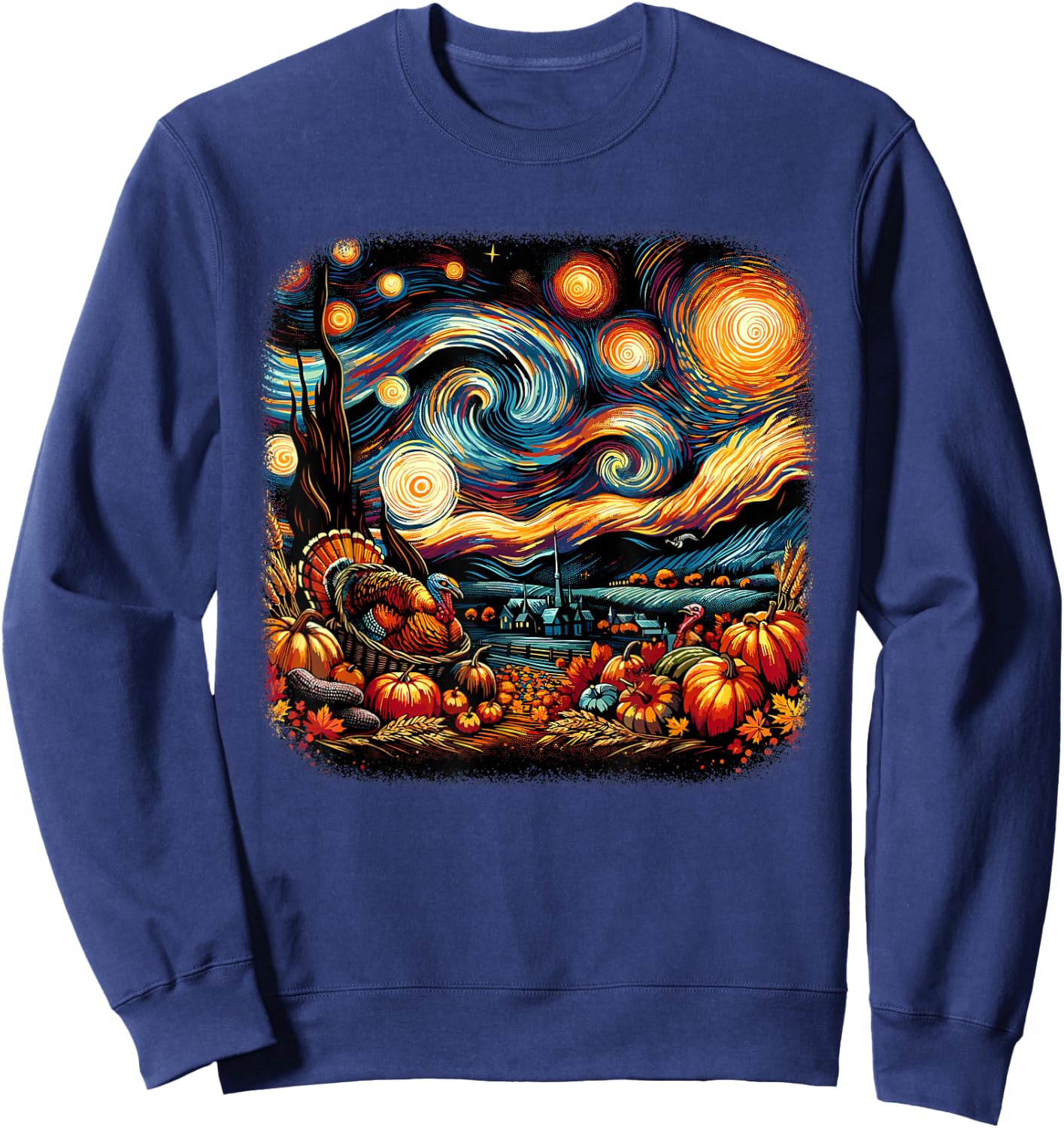 Thanksgiving Turkey & Pumpkin Harvest Starry Night Van Gough Sweatshirt - Sweatshirt | Navy