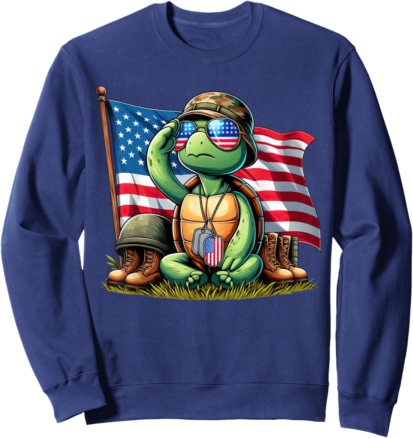 Salute Turtle American USA Flag Memorial Day 4th of July Sweatshirt - Sweatshirt | Navy