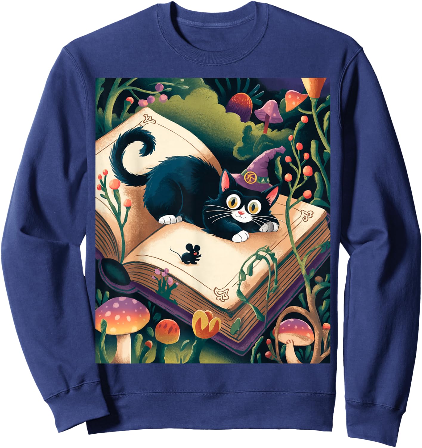 Enchanted Night: Mystical Feline Resting atop an Opened Book Sweatshirt - Sweatshirt | Navy