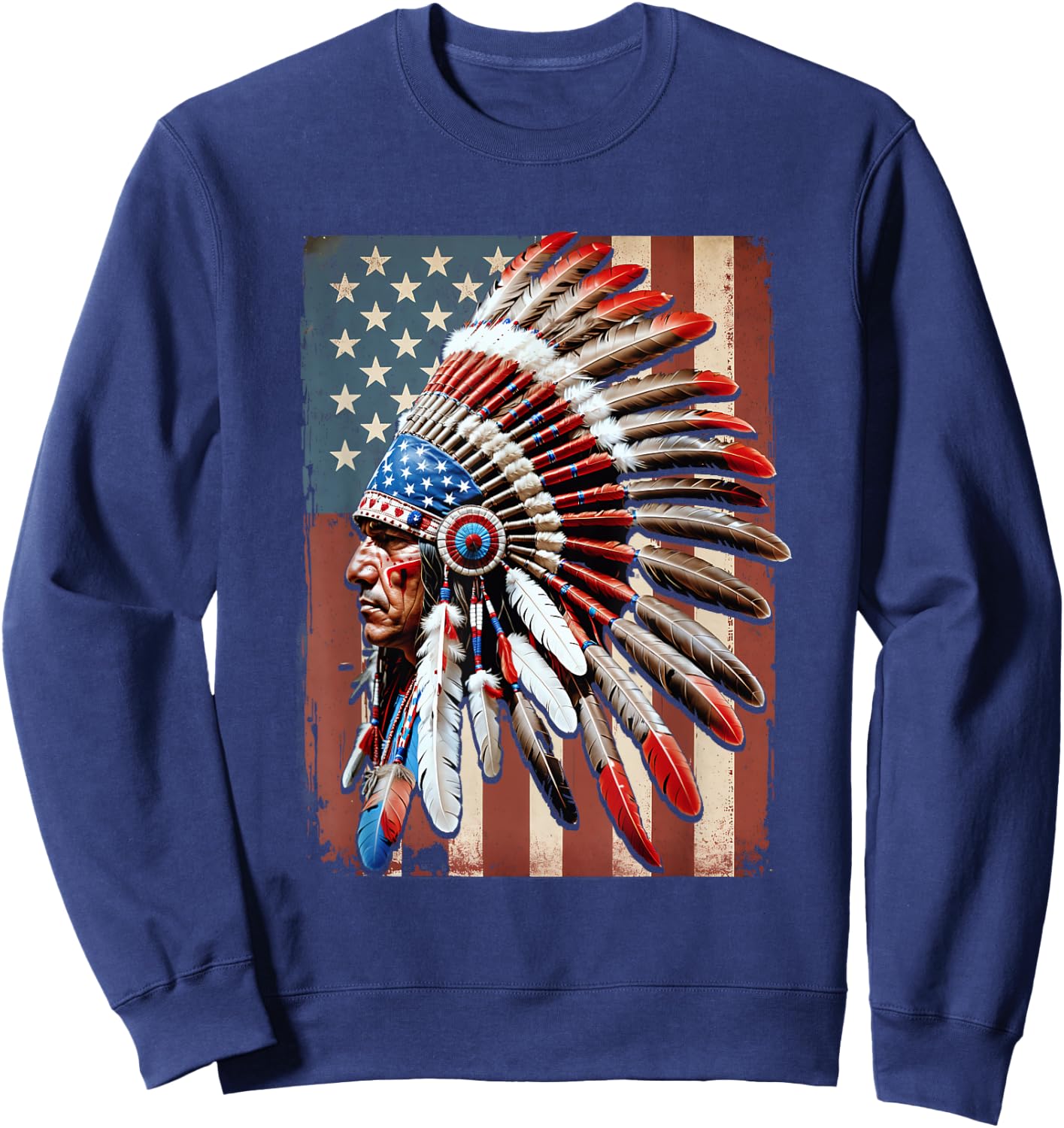 Native American Indian USA American Flag Indigenous Chief Sweatshirt - Sweatshirt | Navy