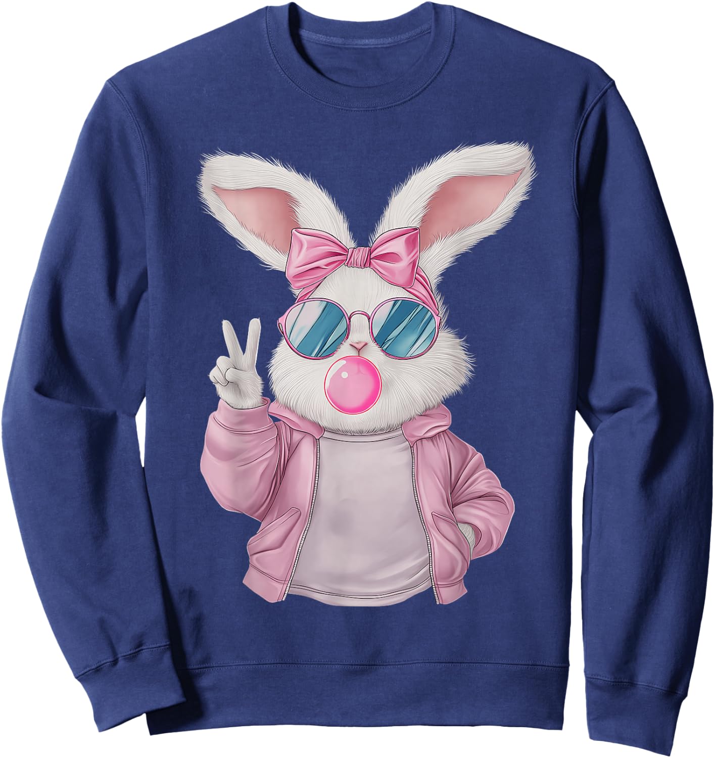 Rabbit Bunny Blowing Bubble Gum Easter Day Cute Girl Women Sweatshirt - Sweatshirt | Navy