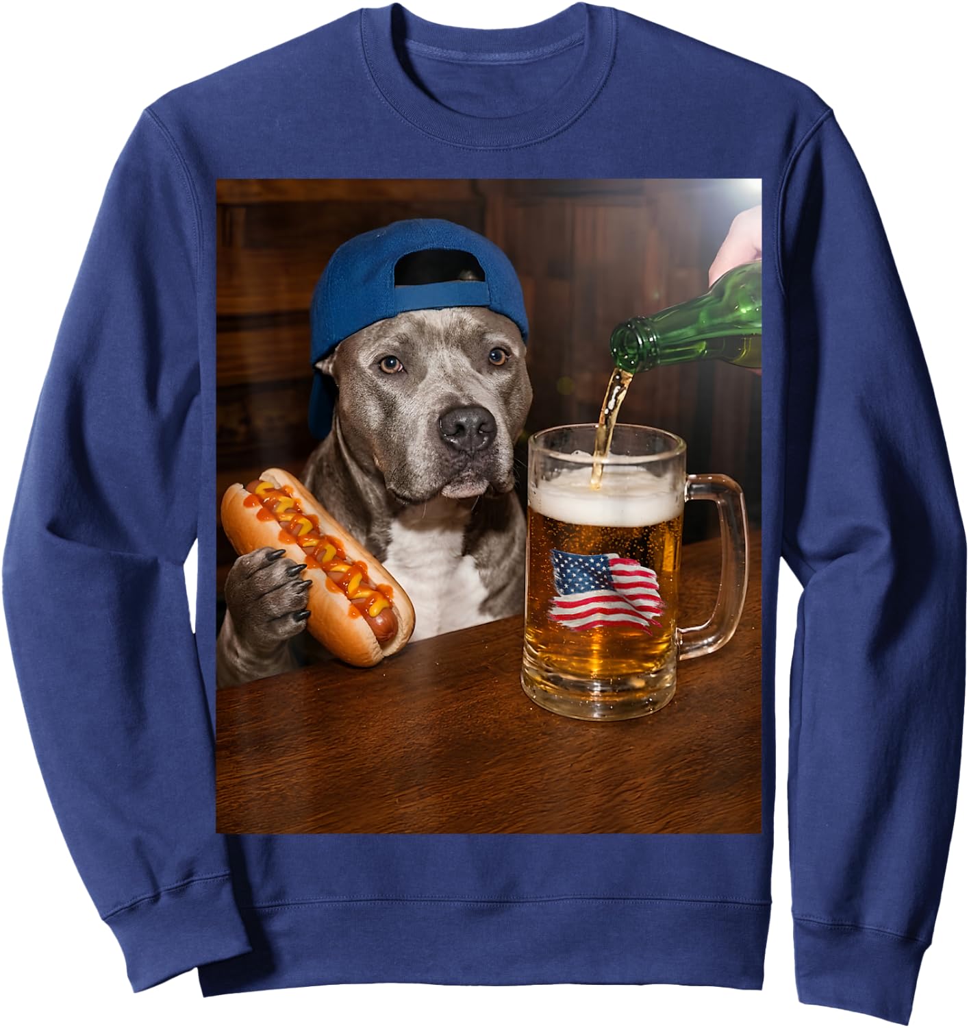 Funny Pitbull Meme Drinking Beer Hotdog USA Flag Pittie Moms Sweatshirt - Sweatshirt | Navy