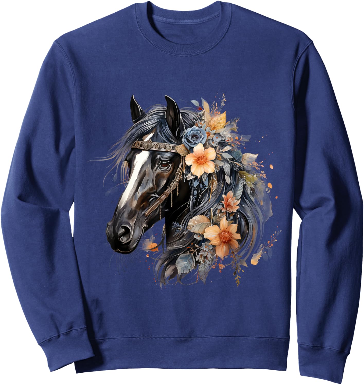 Floral Wild Horse Country Horse Riding , Small, Black Sweatshirt - Sweatshirt | Navy
