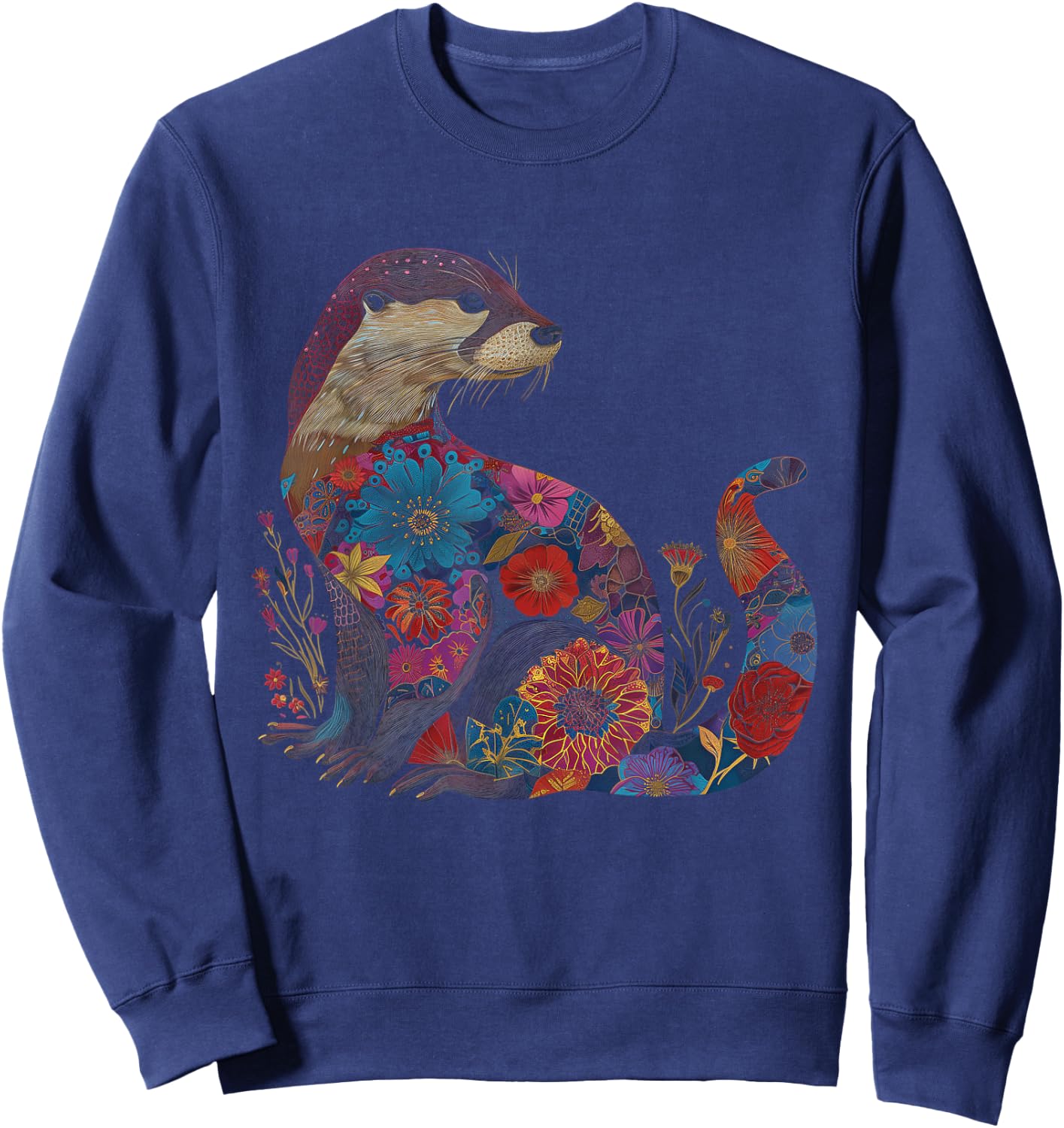 Otter Floral Artwork Vintage Flowers Cute Sea Otter Sweatshirt - Sweatshirt | Navy