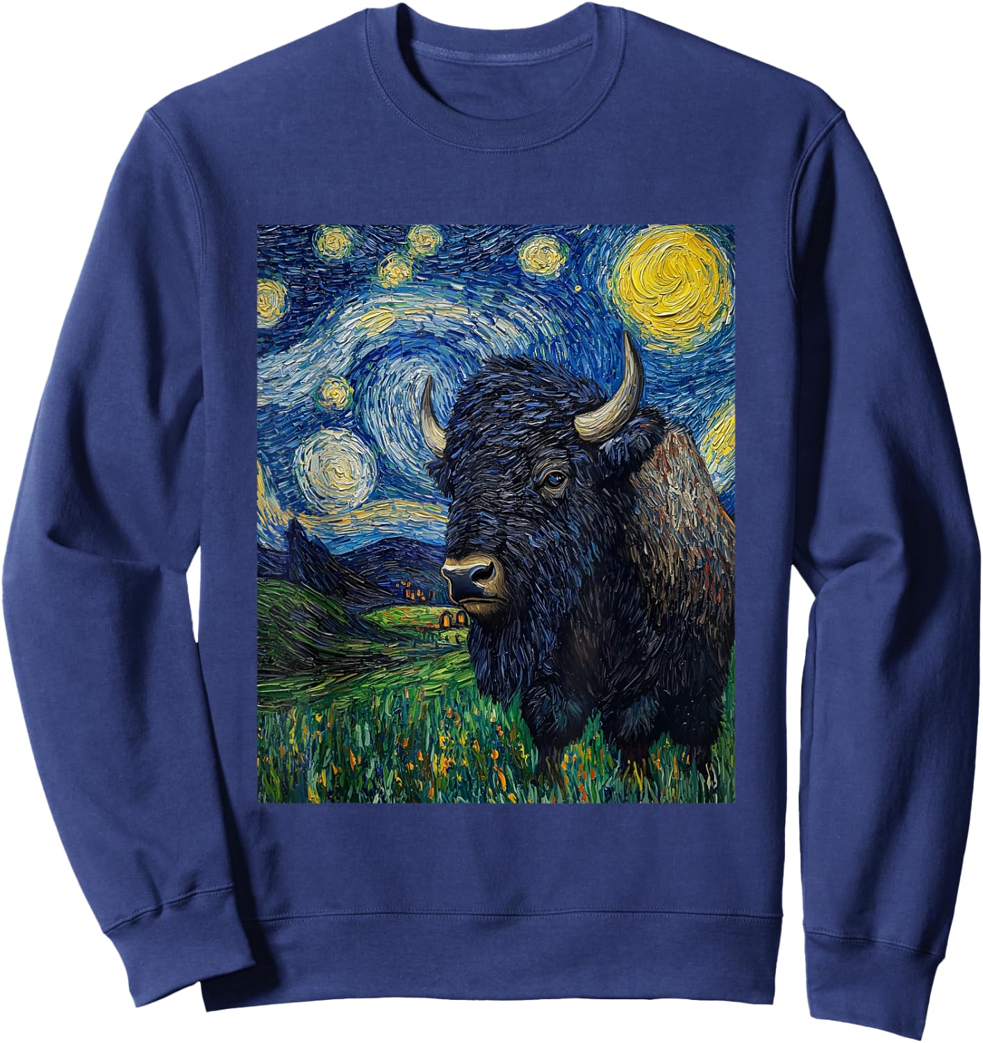 Bison Buffalo Van Gogh Style Starry Night Graphic Sweatshirt - Sweatshirt | Navy