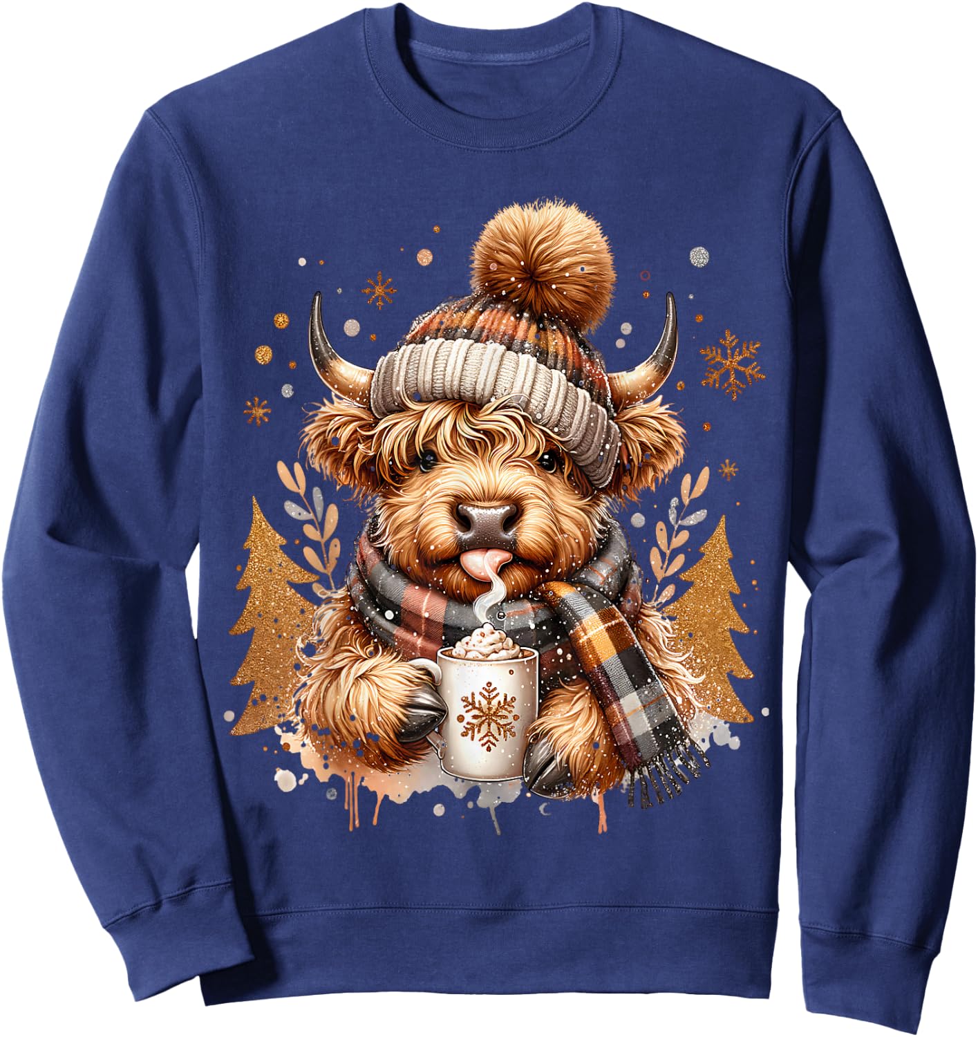 Cute Highland Cow Christmas Trees Winter Hot Cocoa Chocolate Sweatshirt - Sweatshirt | Navy