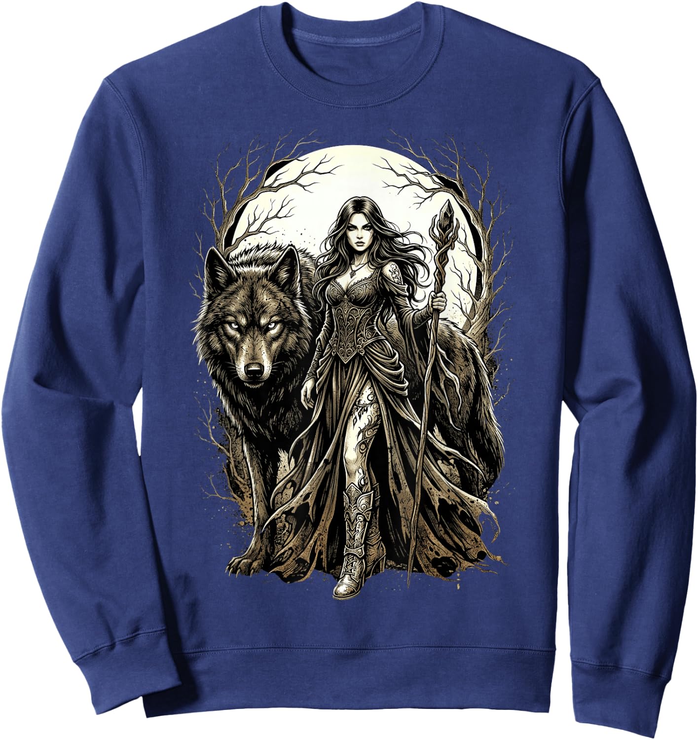 Fantasy Kriegerin Wolf Vollmond Gothic Motiv Sweatshirt - Sweatshirt | Navy
