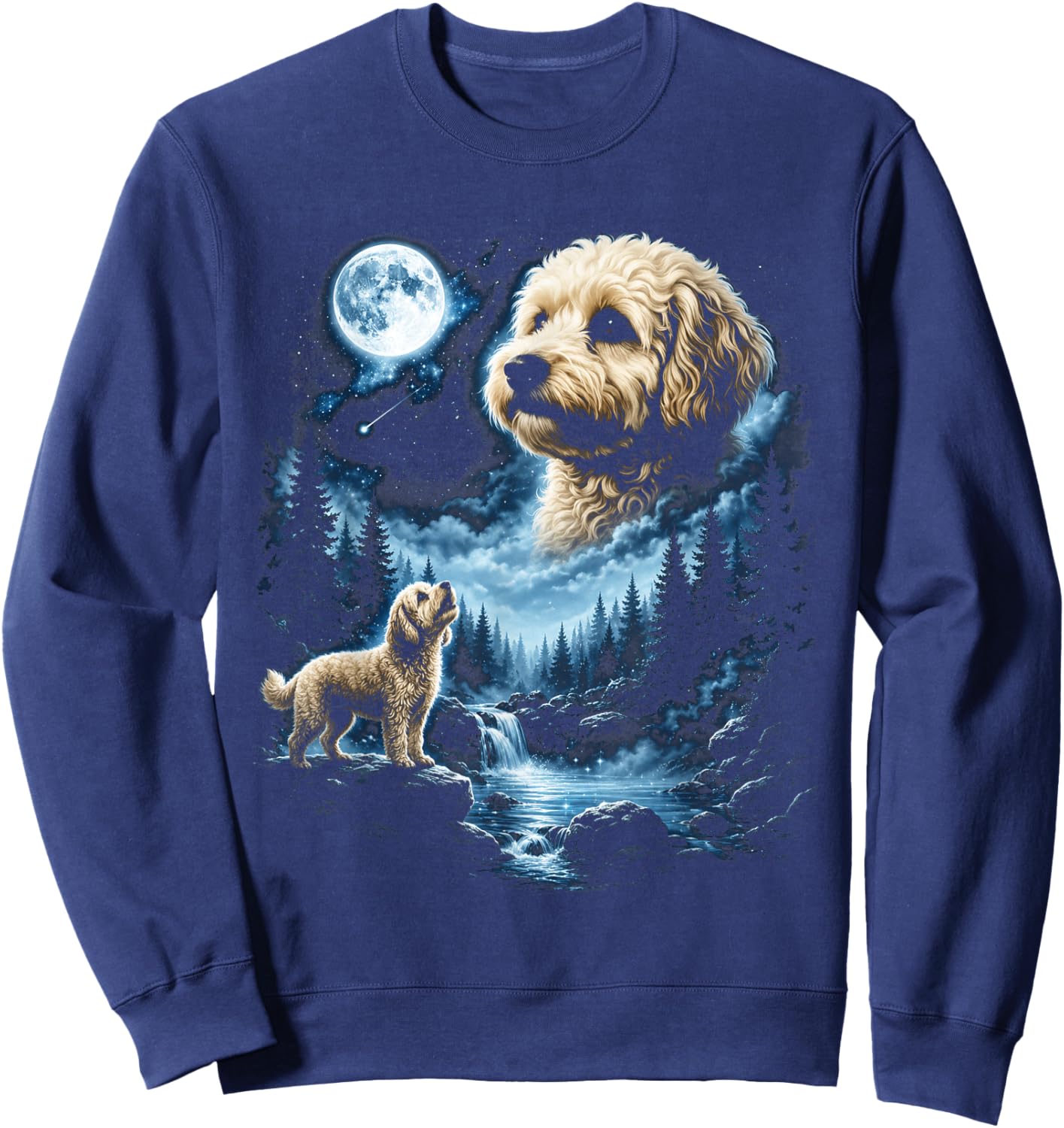 Maltipoo Howling to the Moon Meme 90s Animal Graphic Sweatshirt - Sweatshirt | Navy