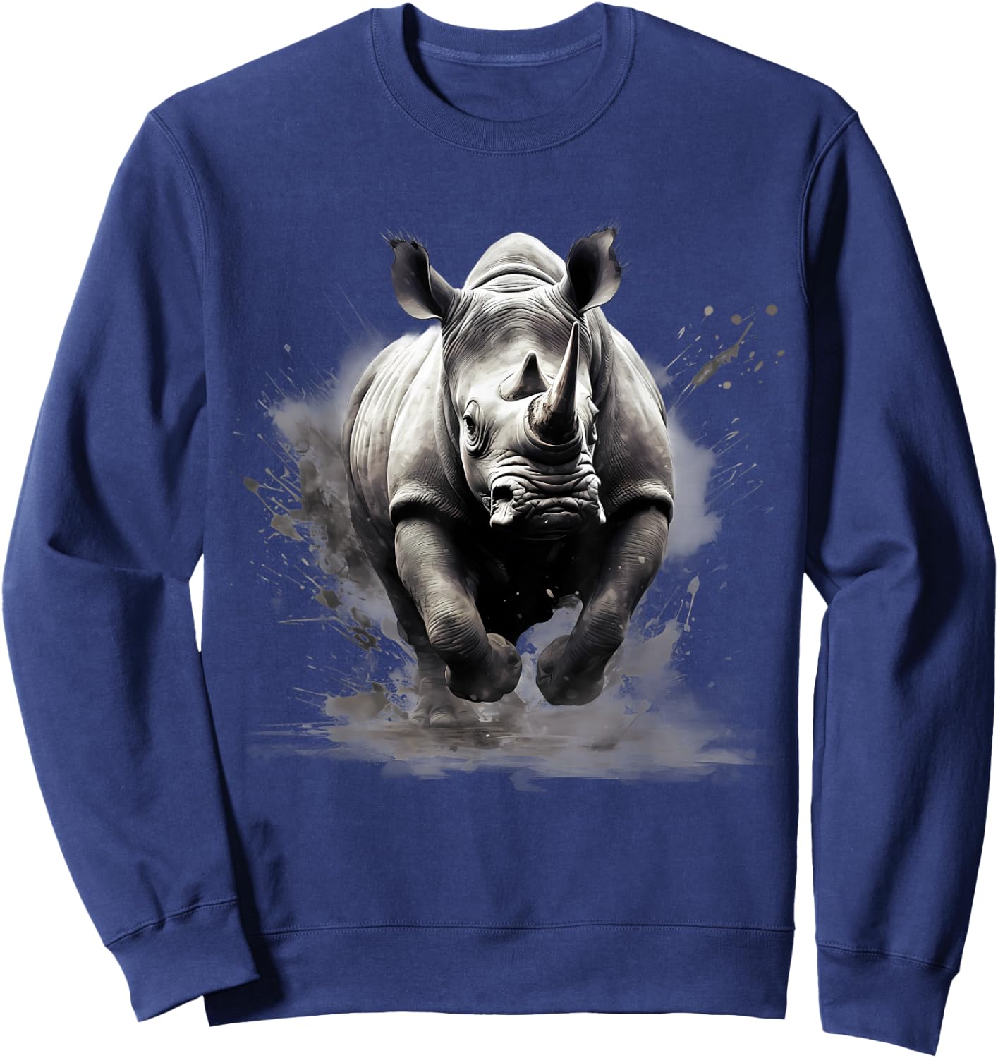 Rhino Animal Print Rhinoceros Wildlife Drawing Splash Motif Sweatshirt - Sweatshirt | Navy