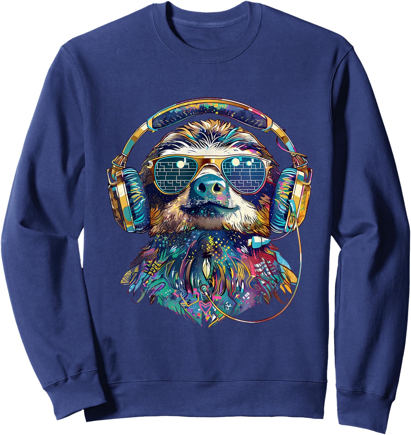 DJ Sloth Music Headphones Beatmaker Techno Animal Print Sweatshirt - Sweatshirt | Navy