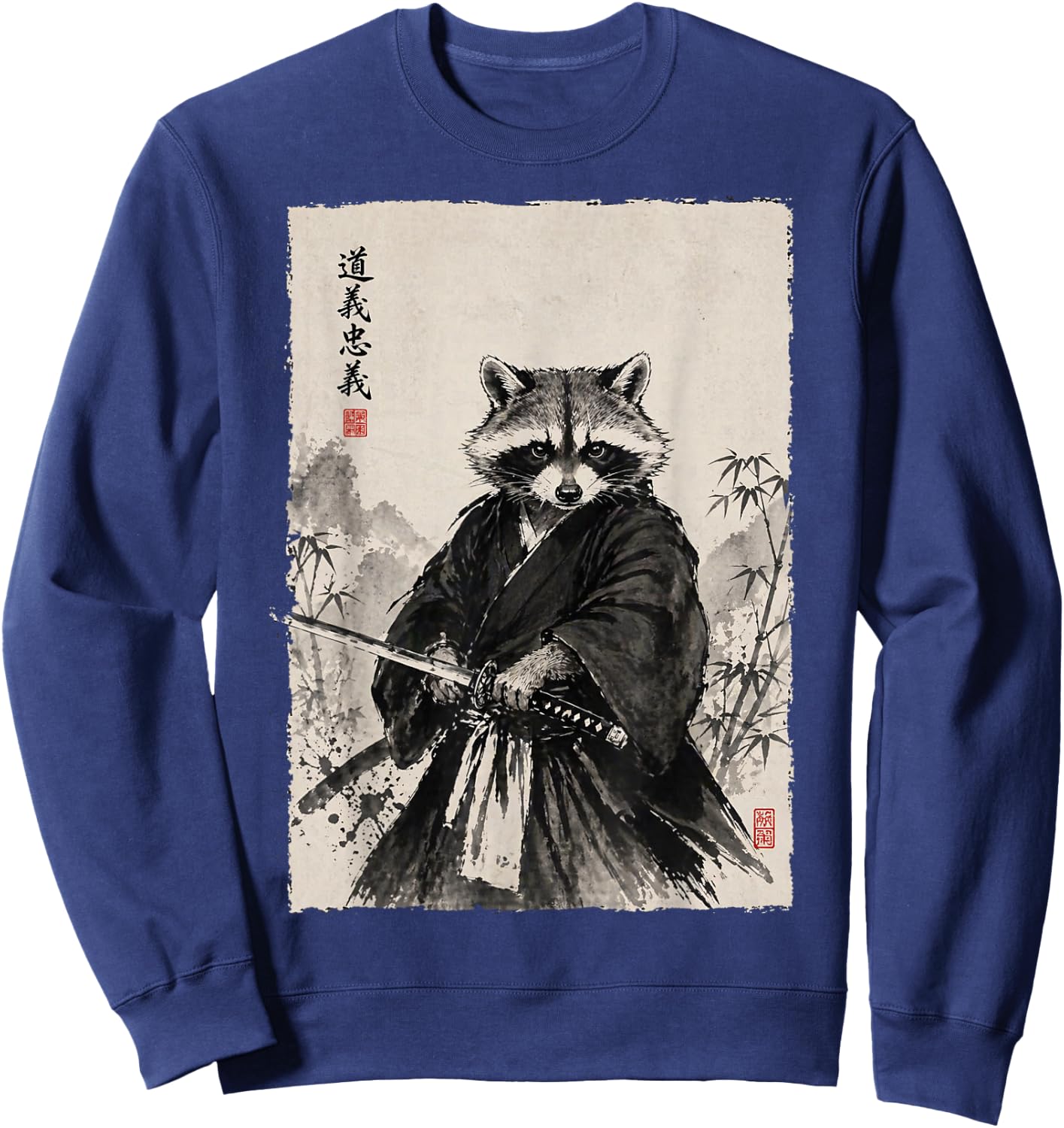 Samurai Raccoon Graphic Warrior Vintage Japanese Art Anime Sweatshirt - Sweatshirt | Navy