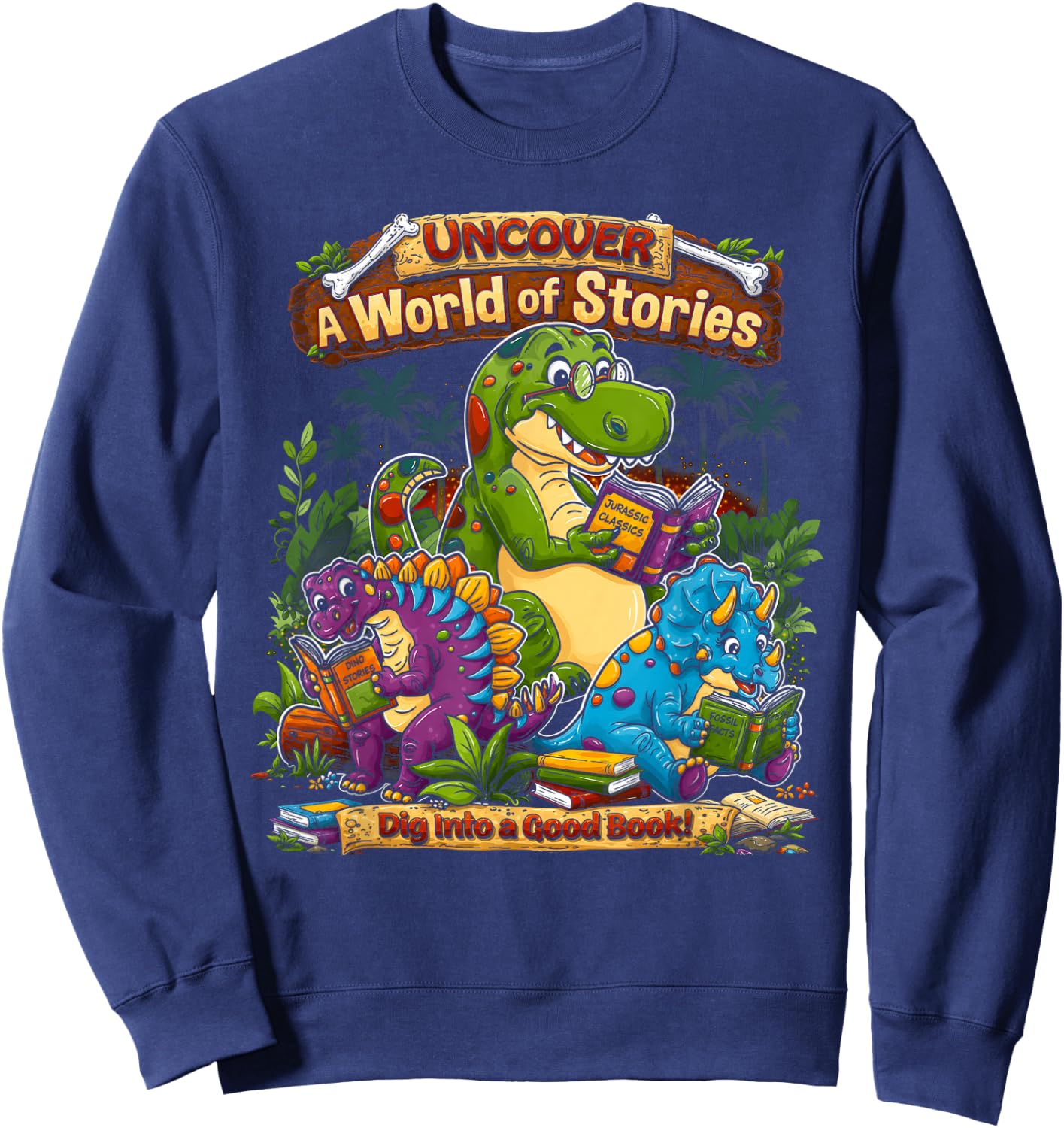 Uncover A World of Stories Dinosaur Reading Shirt for Kids Sweatshirt - Sweatshirt | Navy