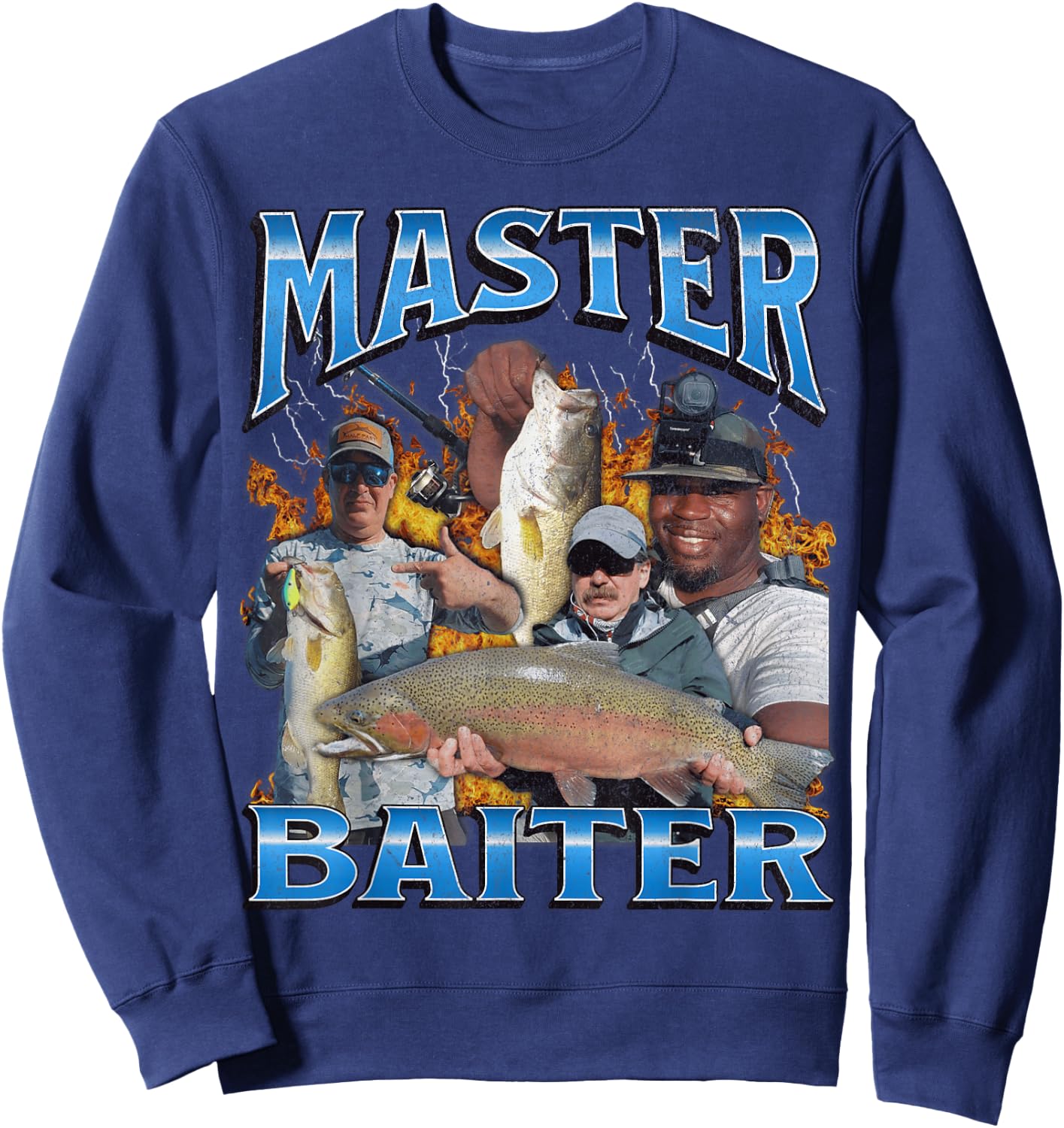 Master Baiter Funny Fishing Meme Pun Bootleg Graphic 90s , black Sweatshirt - Sweatshirt | Navy