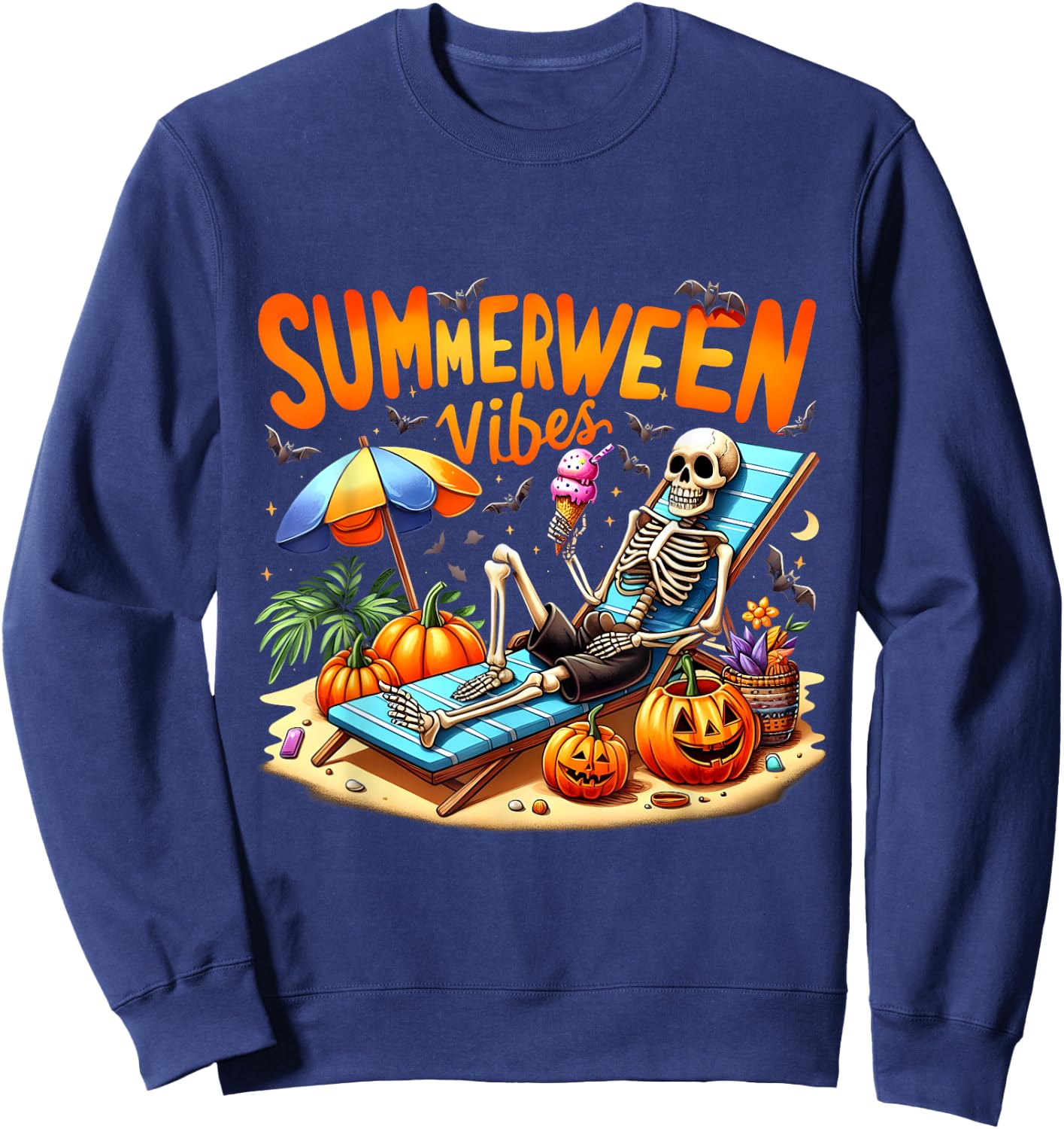 Summerween Halloween Skeleton Ice Cream Summer Vacation Women Sweatshirt - Sweatshirt | Navy