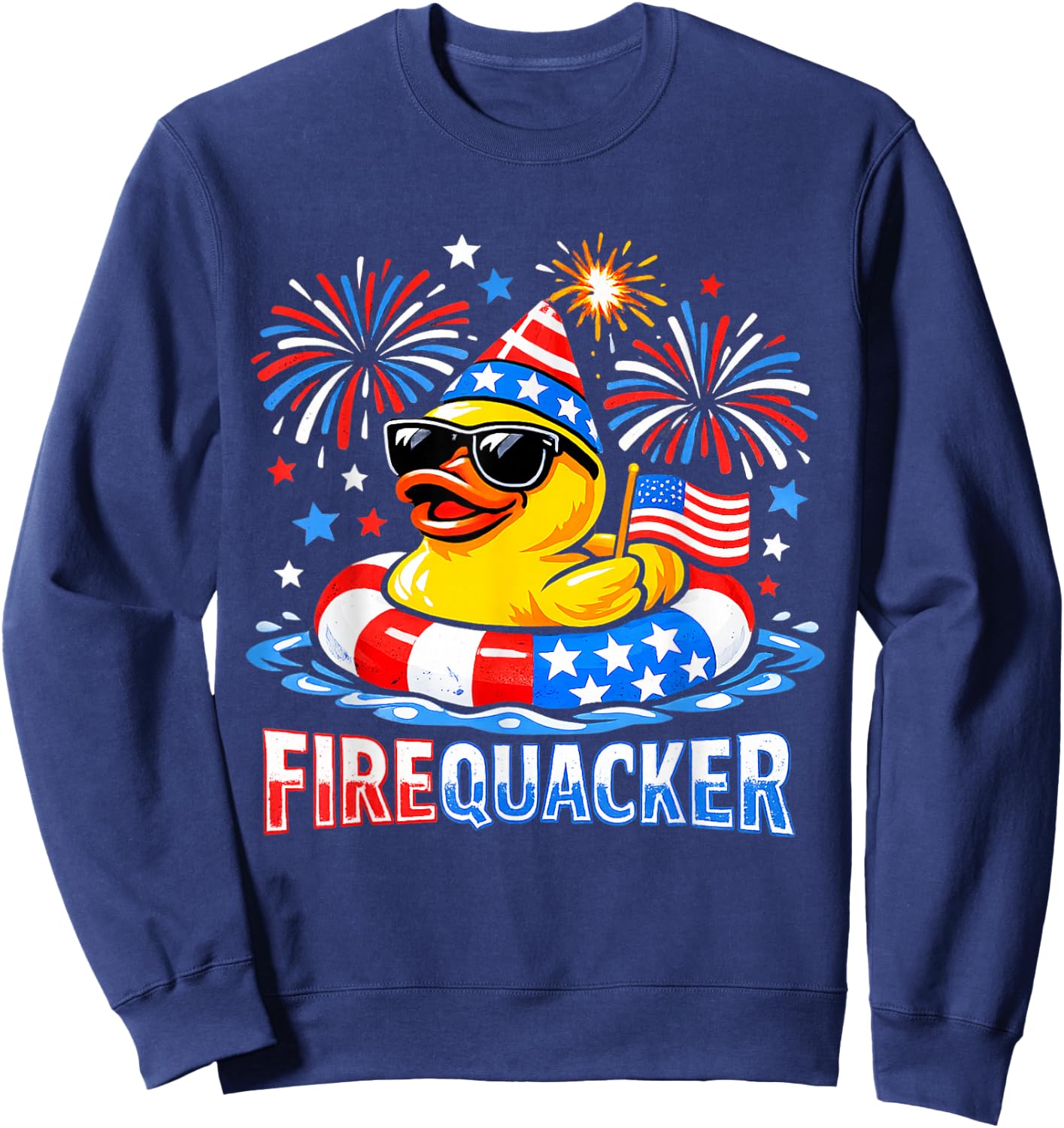 Firequacker Funny 4th of July Patriotic Duck Fireworks Sweatshirt - Sweatshirt | Navy