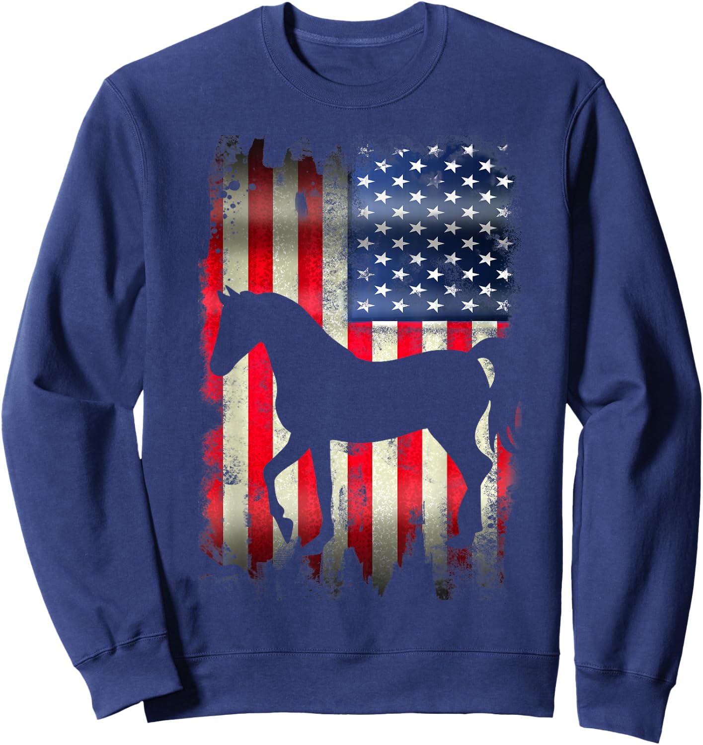 Horse USA American Flag 4th of July Patriotic Equestrian Women Kids Men Sweatshirt - Sweatshirt | Navy