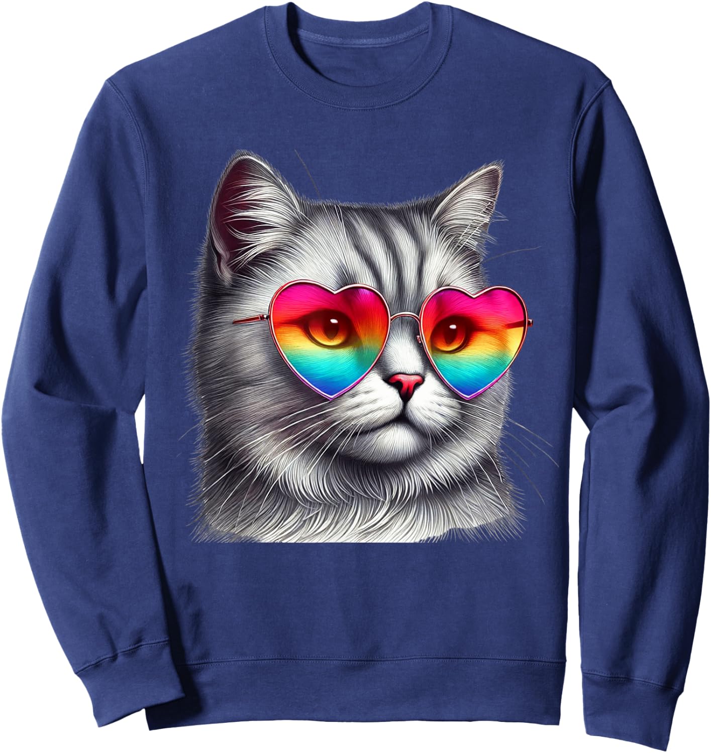 Cute Valentines Day Grey Cat Heart Sunglasses Women Men Sweatshirt - Sweatshirt | Navy
