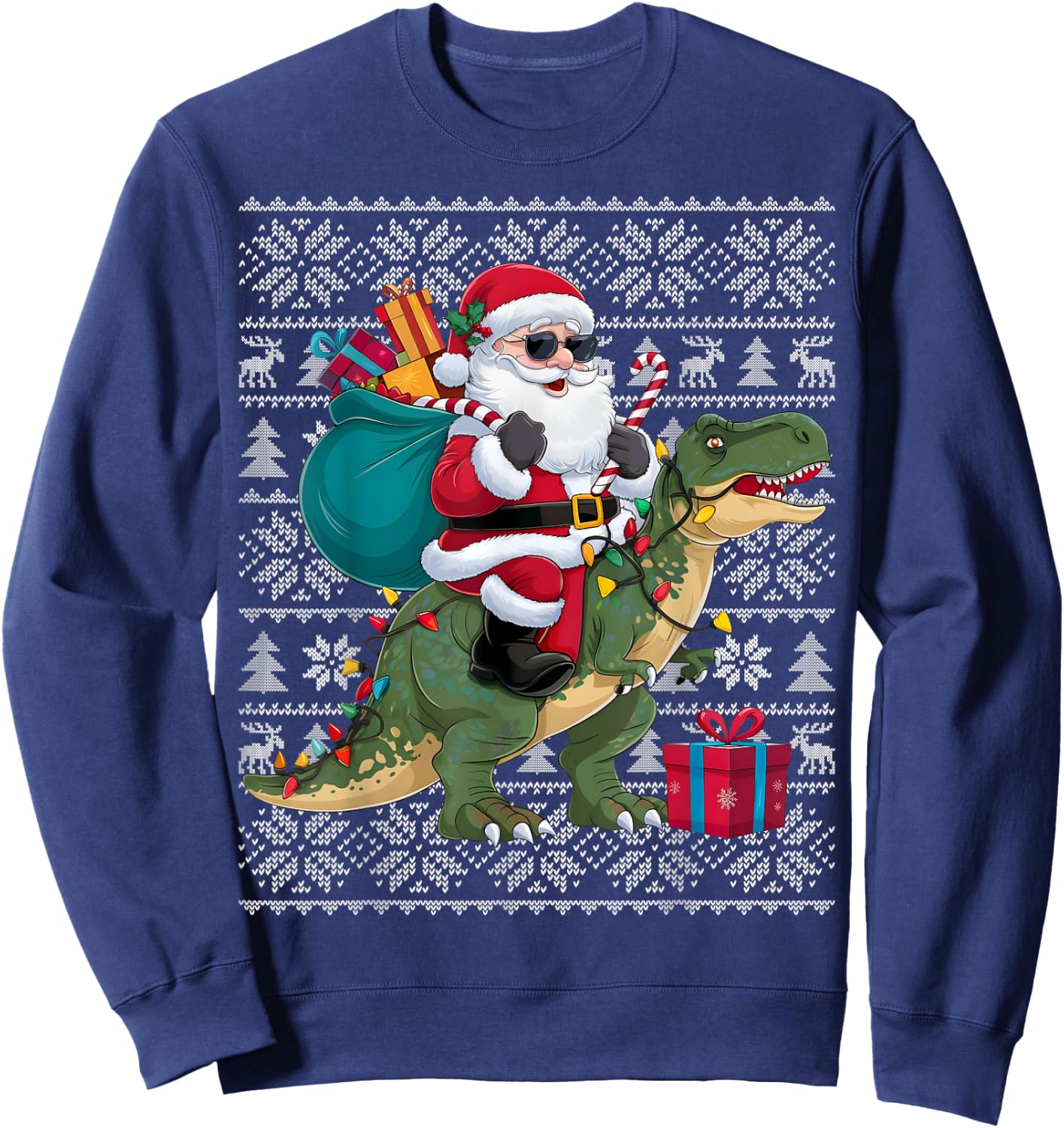 Ugly Xmas Sweater Style Santa Riding Dinosaur Christmas Sweatshirt - Sweatshirt | Navy