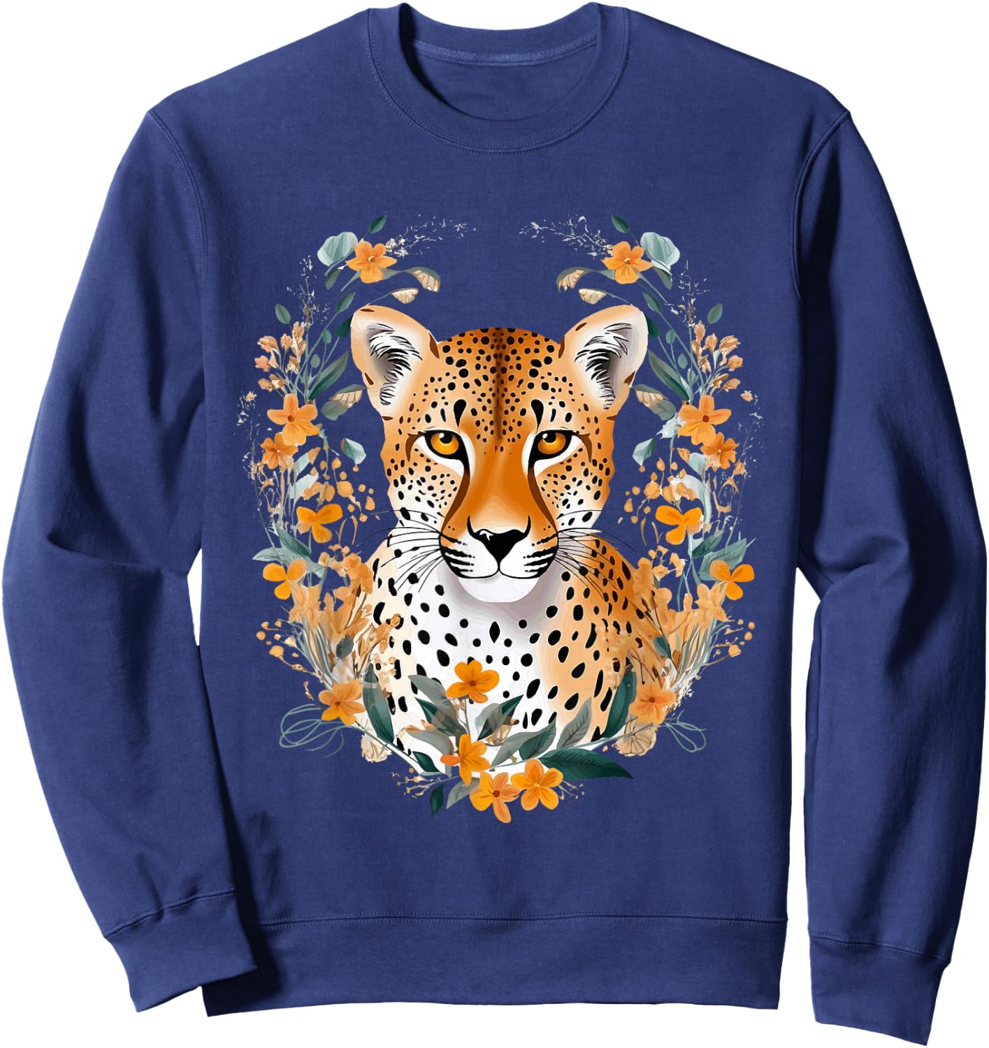 Cheetah Face Animal Print Big Cat Wildlife Flowers Design Sweatshirt - Sweatshirt | Navy