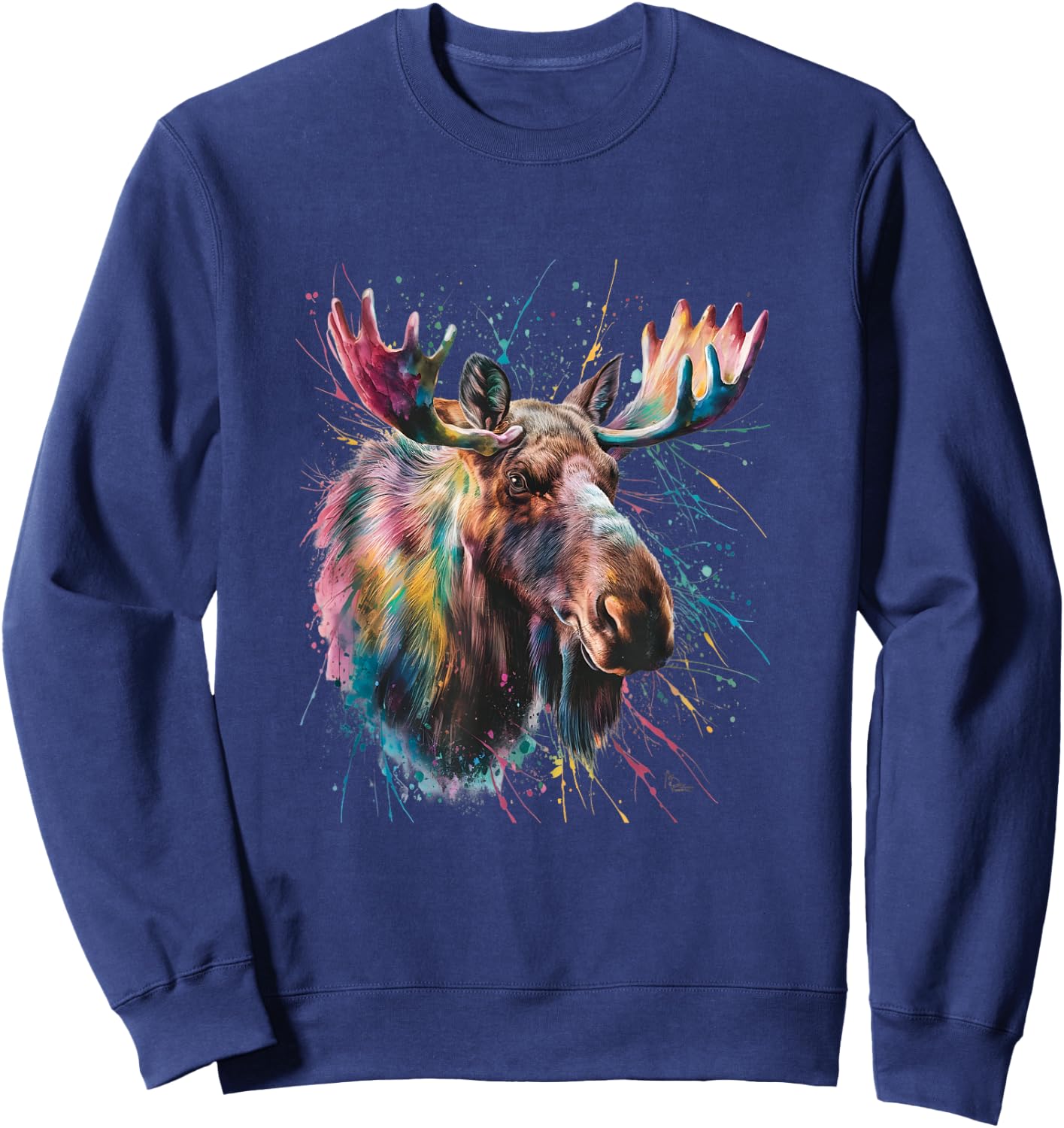 Moose Men Woman Colorful Watercolor Moose Sweatshirt - Sweatshirt | Navy