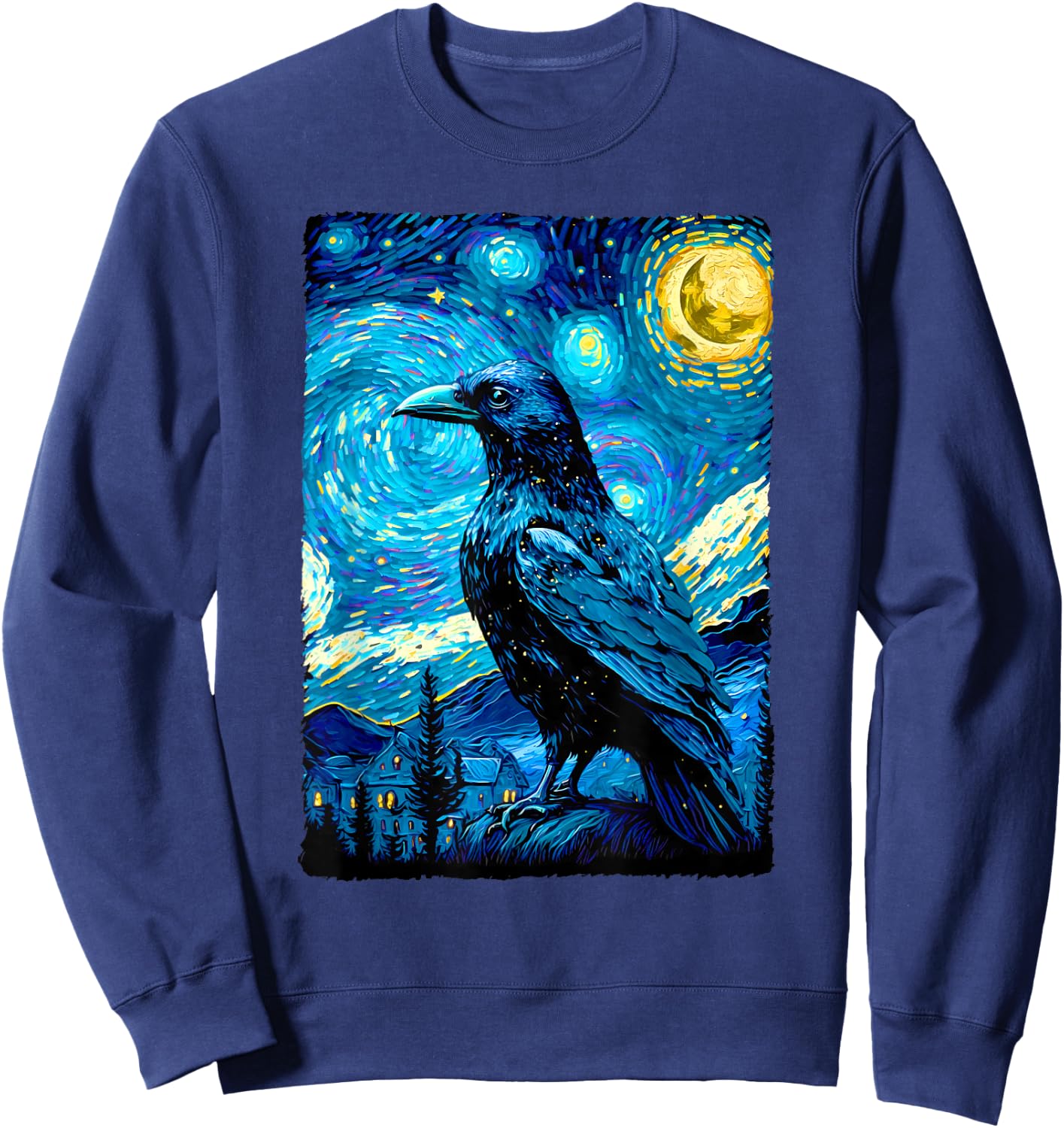 Crow Lover Raven Starry Night Style Painting, Van Gogh Sweatshirt - Sweatshirt | Navy