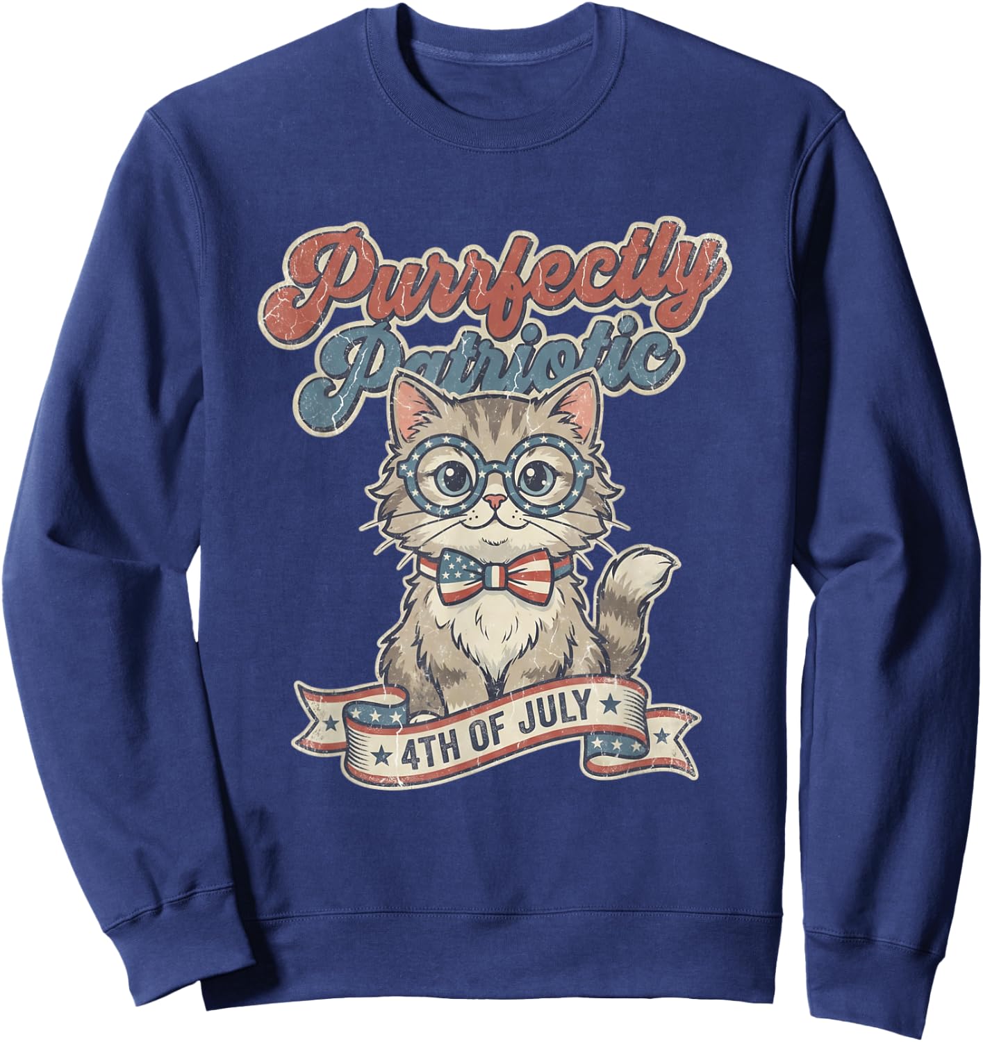Purrfectly Patriotic Cat Vintage 4th of July Sweatshirt - Sweatshirt | Navy
