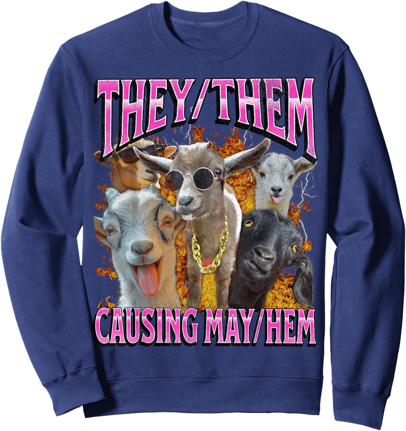 They Them Causing Mayhem Funny Goat Humor Lgbtq Bootleg Sweatshirt - Sweatshirt | Navy