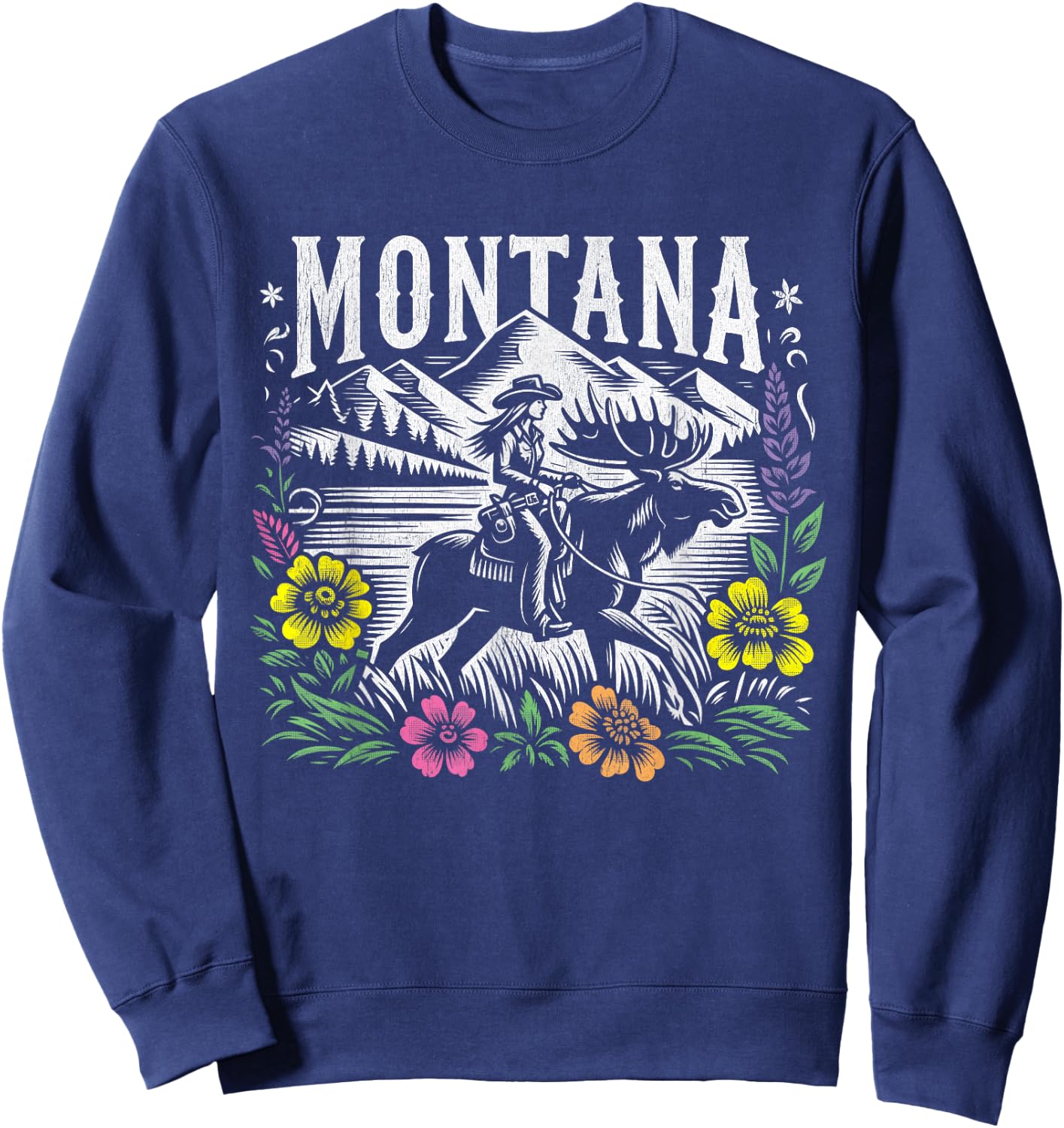 Montana Cowgirl Riding a Moose - Retro Look Sweatshirt - Sweatshirt | Navy