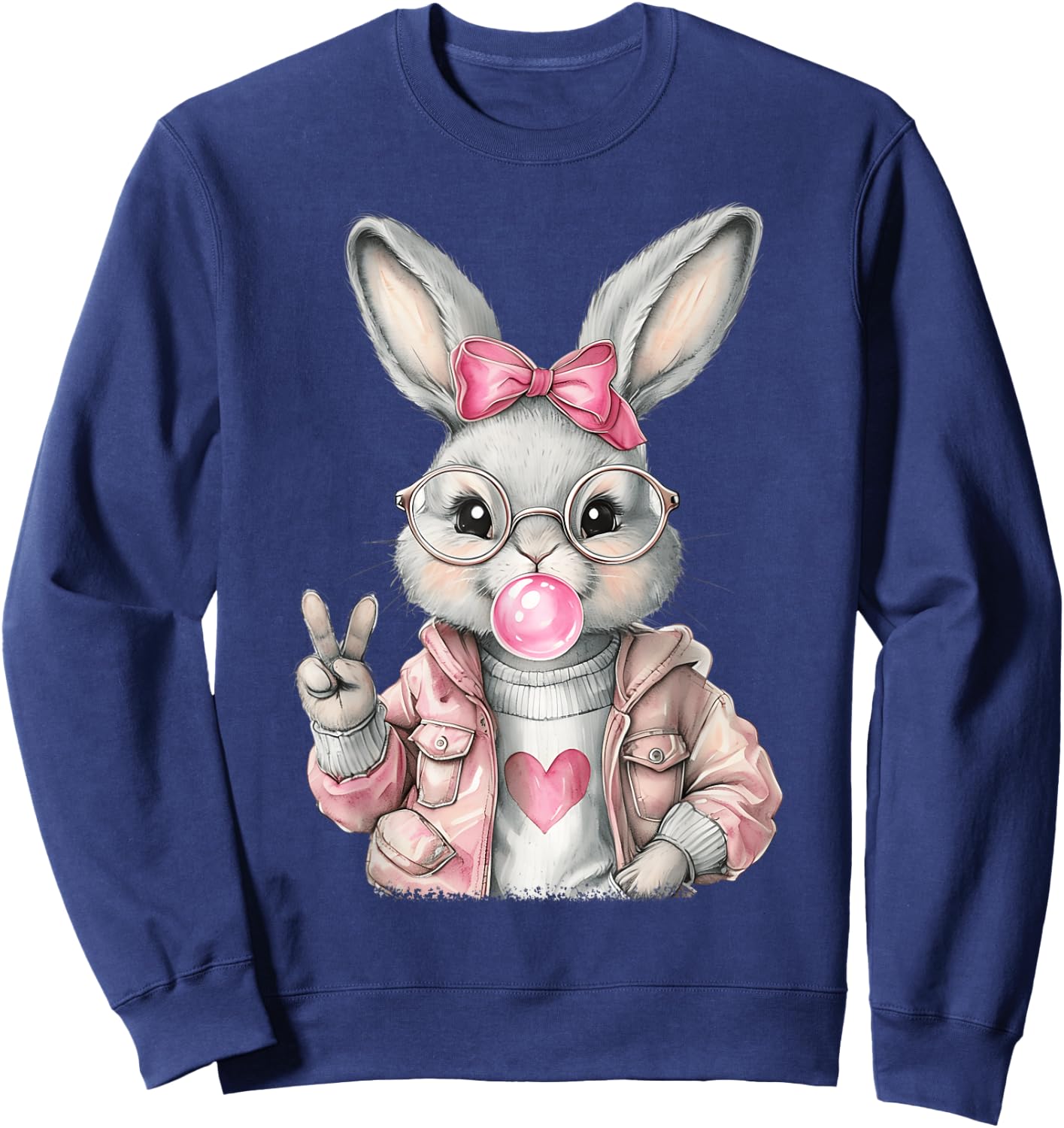 Rabbit Bunny Blowing Bubble Gum Easter Day Cute Girl Women Sweatshirt - Sweatshirt | Navy