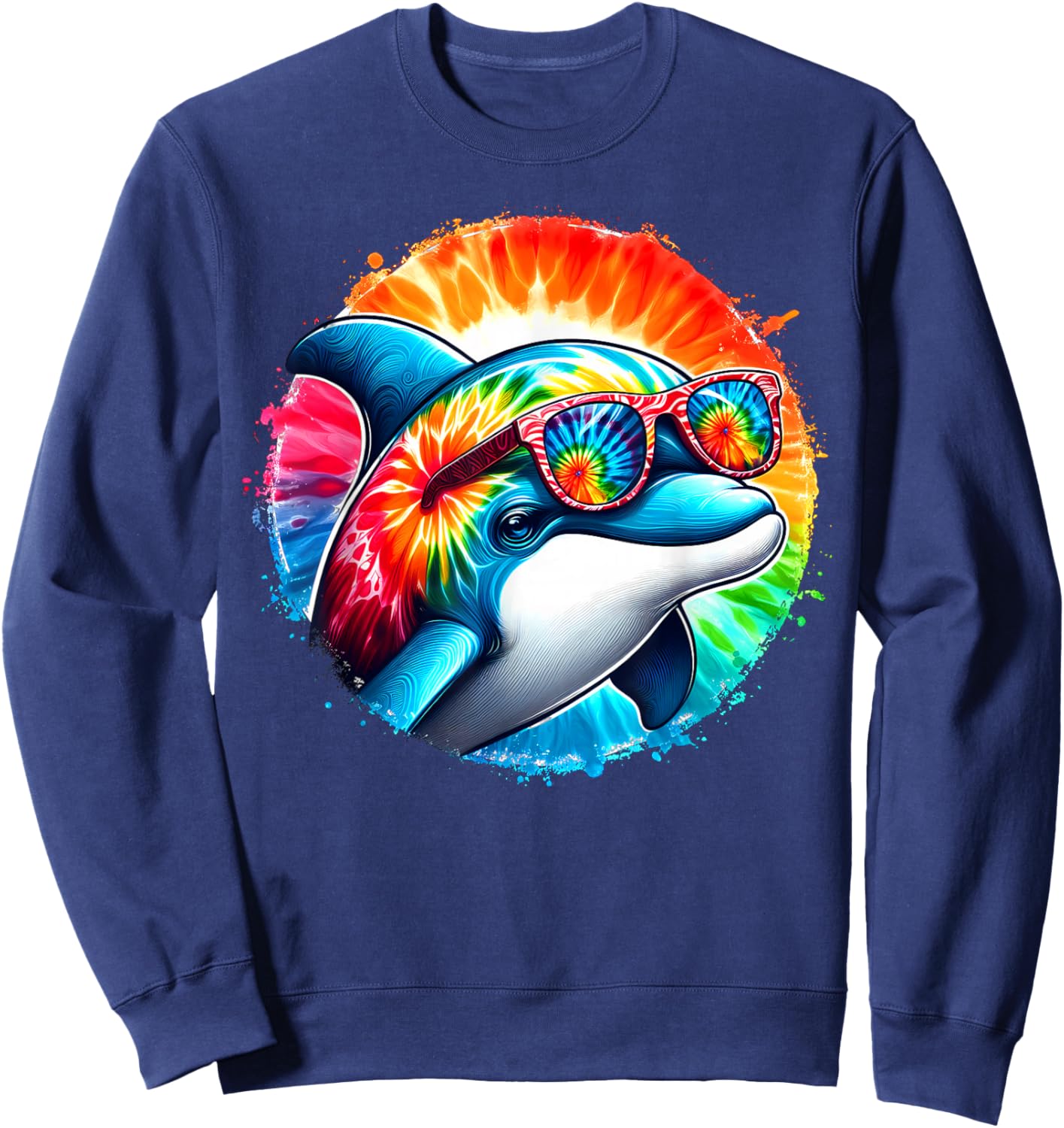 Cool Graphic Tie Dye Sunglasses Dolphin Illustration Art Sweatshirt - Sweatshirt | Navy