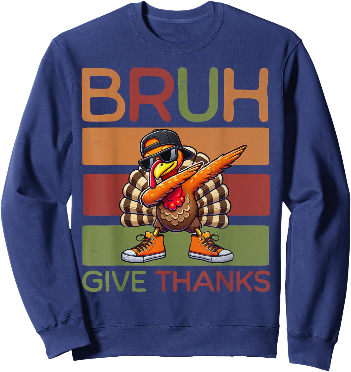 Bruh Give Thanks Retro Dabbing Turkey Thanksgiving Boys Kids Sweatshirt - Sweatshirt | Navy