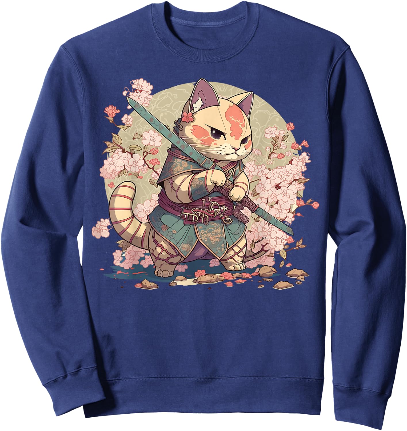 Japanese Samurai Warriors & Funny Kawaii Animes Samurai Cat Warrior Japanische Ninja-Katze Kawaii Schwarz Erwachsene und Kinder Kurzarm Klein Sweatshirt - Sweatshirt | Navy