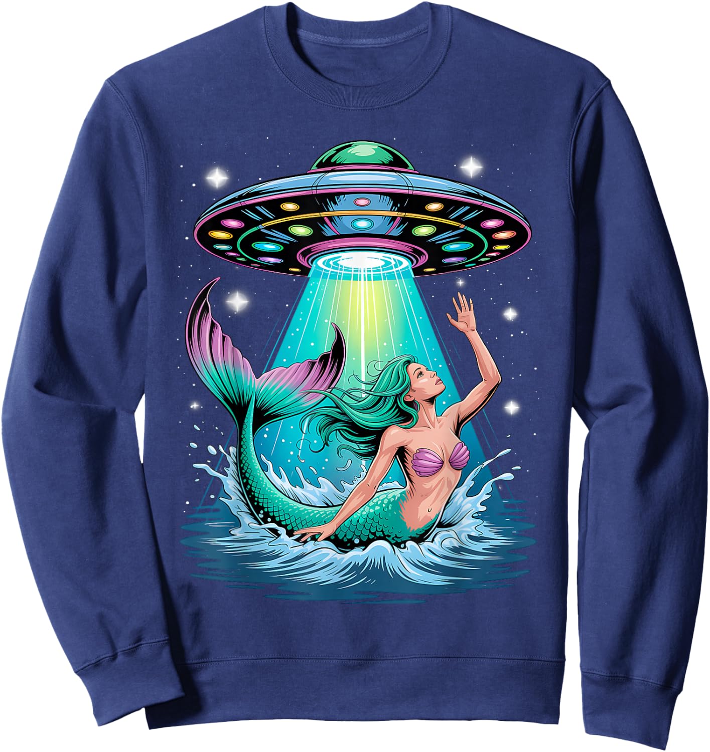 Mermaid Abduction Alien Invasion Funny UFO Spaceship Sweatshirt - Sweatshirt | Navy