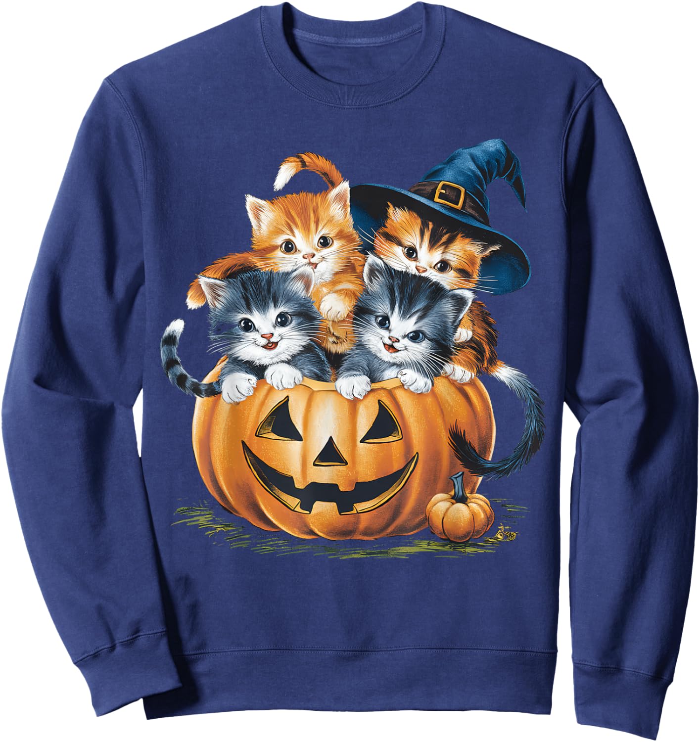 Vintage 90s Cat Pumpkin Halloween Retro Floral Spooky Season Sweatshirt - Sweatshirt | Navy