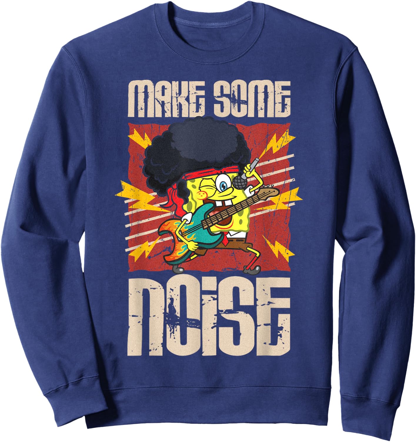 Mademark x SpongeBob SquarePants - SpongeBob Make Some Noise Rock and Roll Heavy Metal Retro Sweatshirt - Sweatshirt | Navy